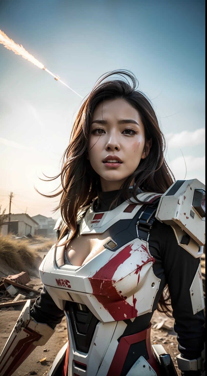 Look up at the perspective，（Digital artwork：1.3）（a sketch：1.1）Octane renders a wasteland，Swirling thick clouds，smog，Flying machines in the sky fierce battle，weed，Dilapidated houses，gravel path，Sunset，dark red color，（（A girl in a combat uniform stood in front of the badly damaged and broken mech）），（（The girl's long messy hair fluttered，Blood，closeup cleavage）），（Stubborn），（Steadfast），（blood stains at the corners of the mouth），（Messy long hair flying），（（（The mech was spattered with blood））），（Mars splashes），（（Broken upper body mech，Dropped mech fragments）），（Exposed wires），（（Mecha is depicted finely）），（（（super-fine））），shot at 8k resolution，petrol liquid，Firelight，Missiles streaked across the sky，weeds，gravel path，blasts，splashart，（（Dynamic speed lines：1.2）），Lithography in intricate details，dongh（Light particles：1.2），（game concept：1.3），（depth of fields:1.3),Global illumination,detail-rich，Trends on ArtStation，Epic shooting，Cinematic lighting
