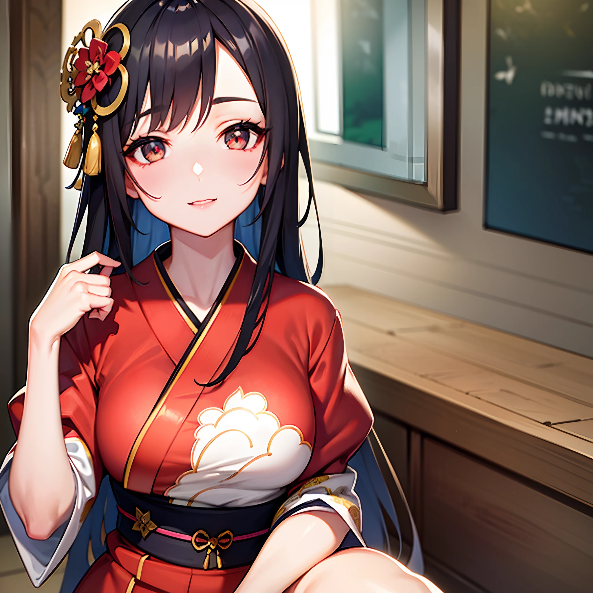 "A girl in a beautifully printed traditional kimono, close-up shot, captivating eyes, flawless and stunning face, exquisite details, crisp image, highest quality."