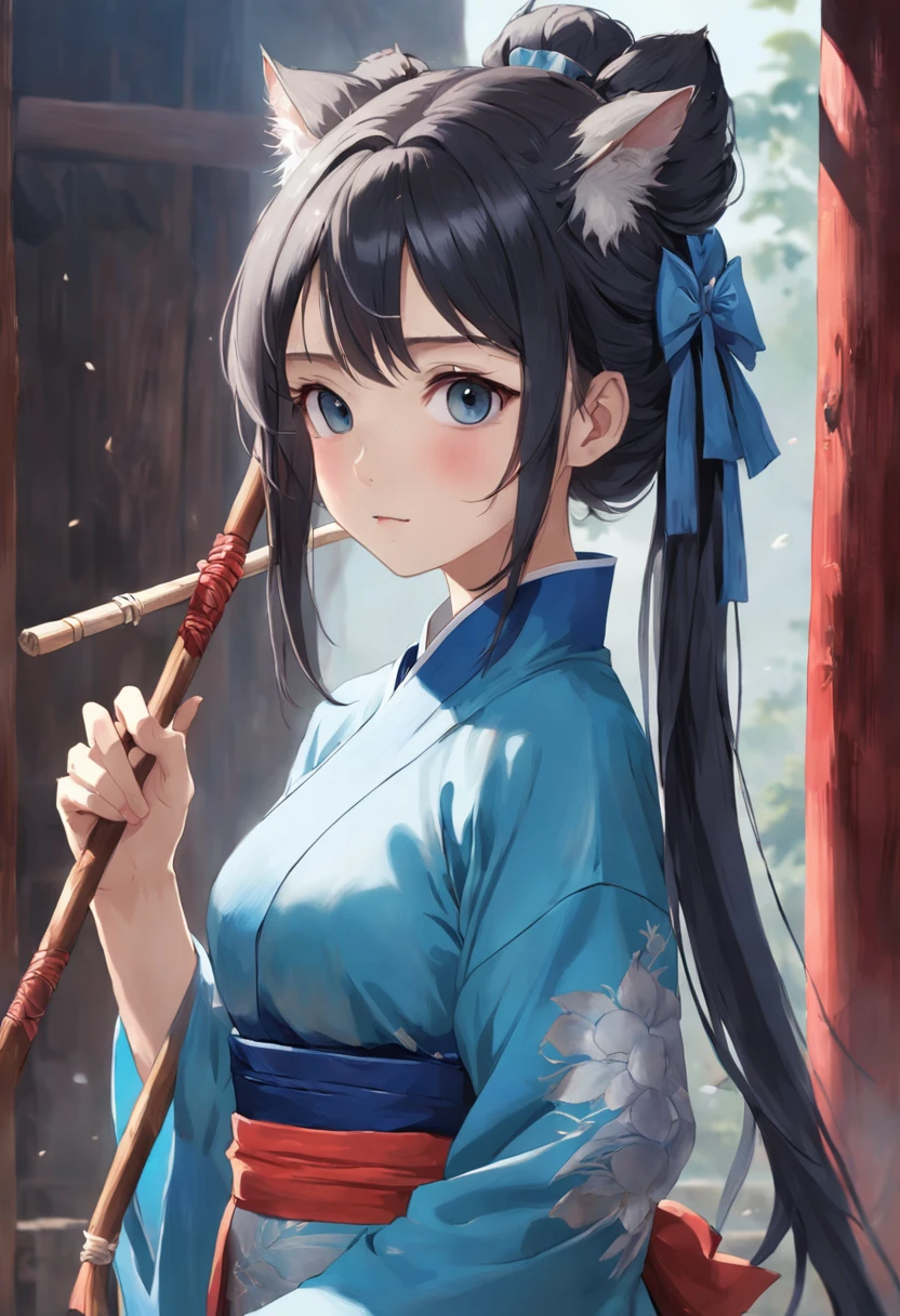 There was a woman in a blue dress holding a wooden stick, a picture by Yu Zhiding, Tumblr, Realism, Palace , A girl in Hanfu, ulzzangs, cosplay of a catboy! maid! dress, Shin Jinying, Guviz-style artwork, Innocent look, jaeyeon nam, , girl venizian era
