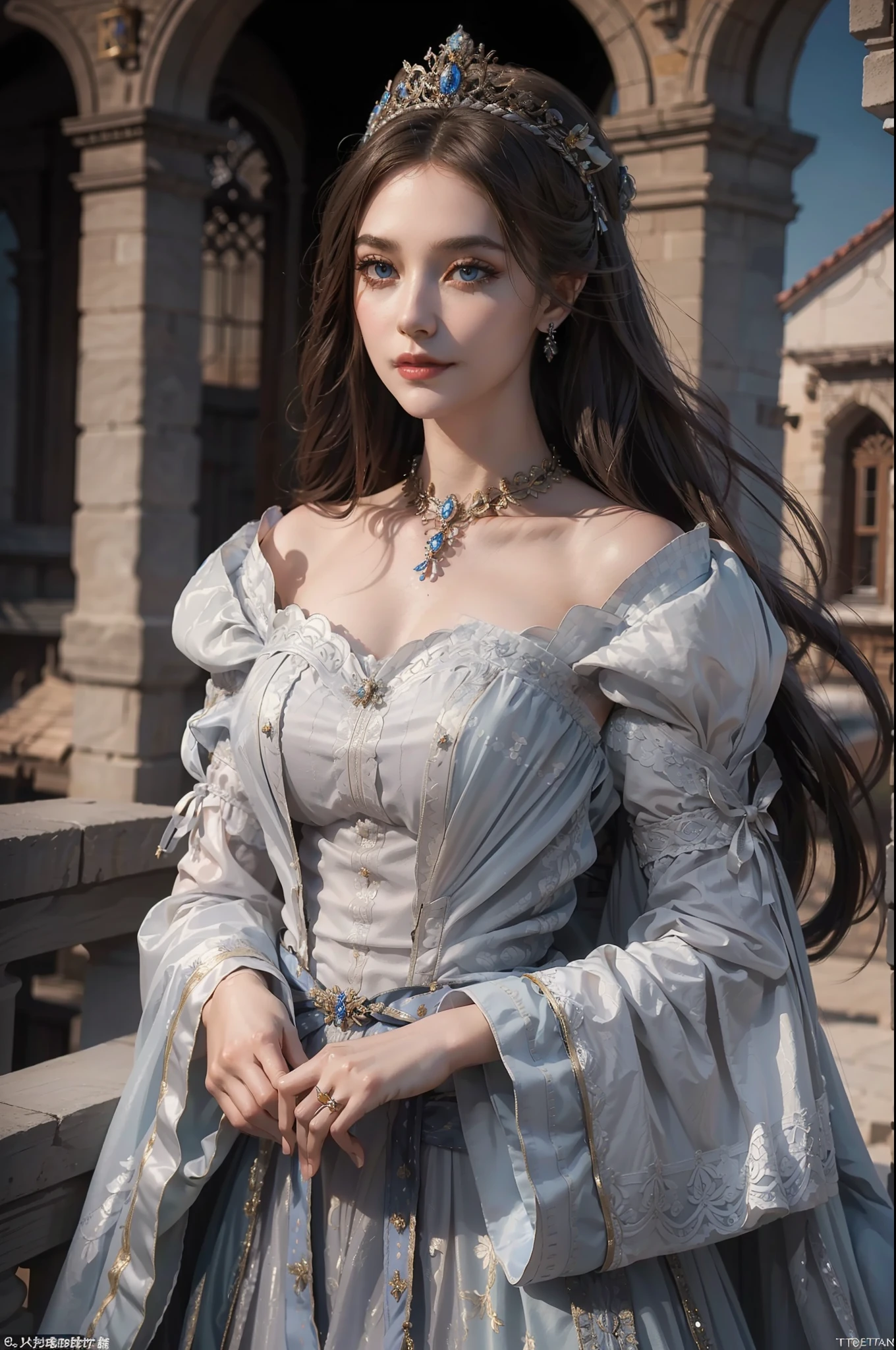 ((top-quality、​masterpiece、photographrealistic:1.4、8K))、1 beautiful detailed girl、extremely detailed eye and face、beatiful detailed eyes、（Complex and elegant dresses in the style of medieval Europe、Glamorous hat in medieval European style）、Luxury accessories、Elegant smile、natta（Depict a scene of a princess standing on the balcony of a castle under the moon。Hair swaying in the wind and a dress complement her noble vibe。）、Cinematic lighting、Textured skin、Super Detail、high detailing、High quality、hight resolution、（looking at the viewers）