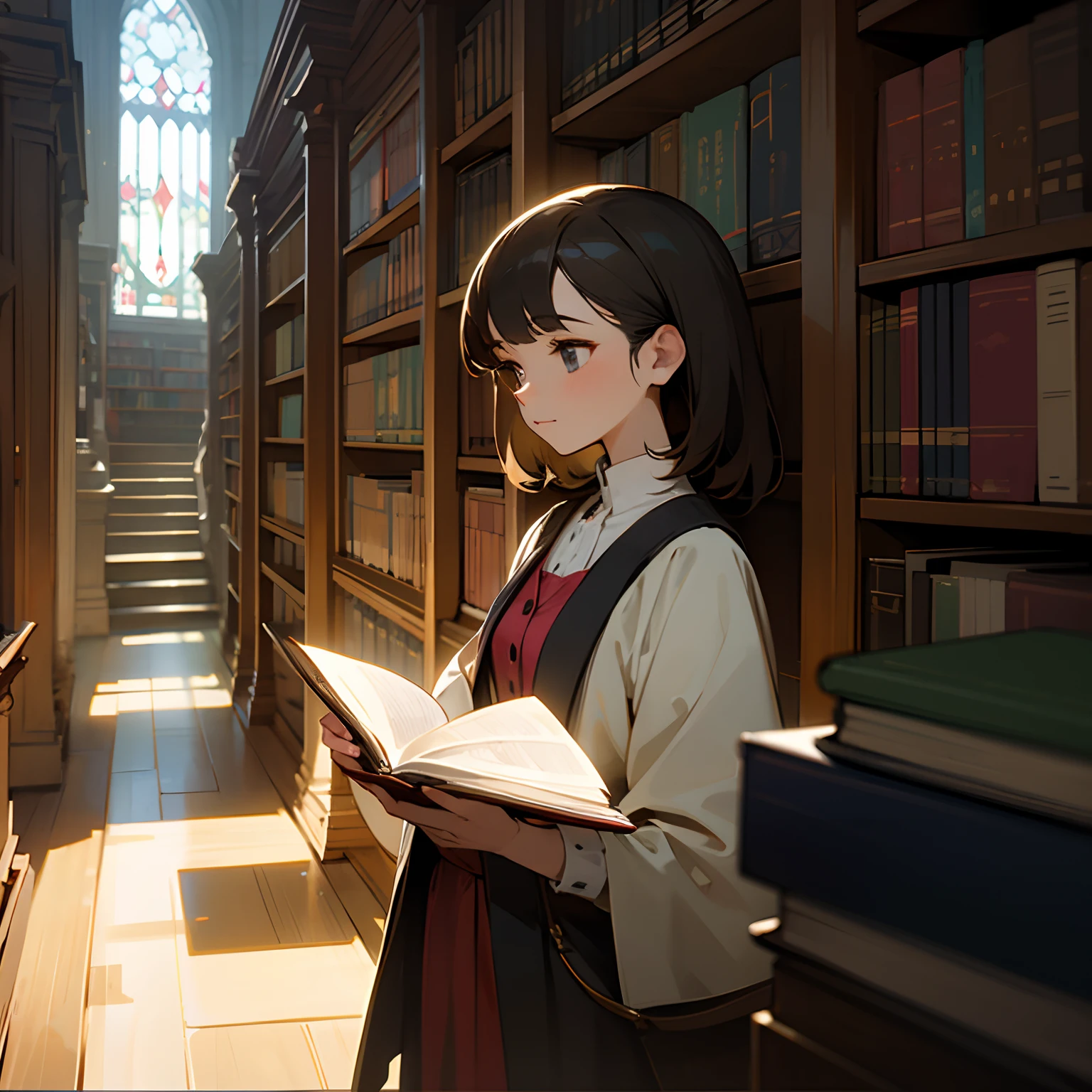 One woman, in a library, holding a book