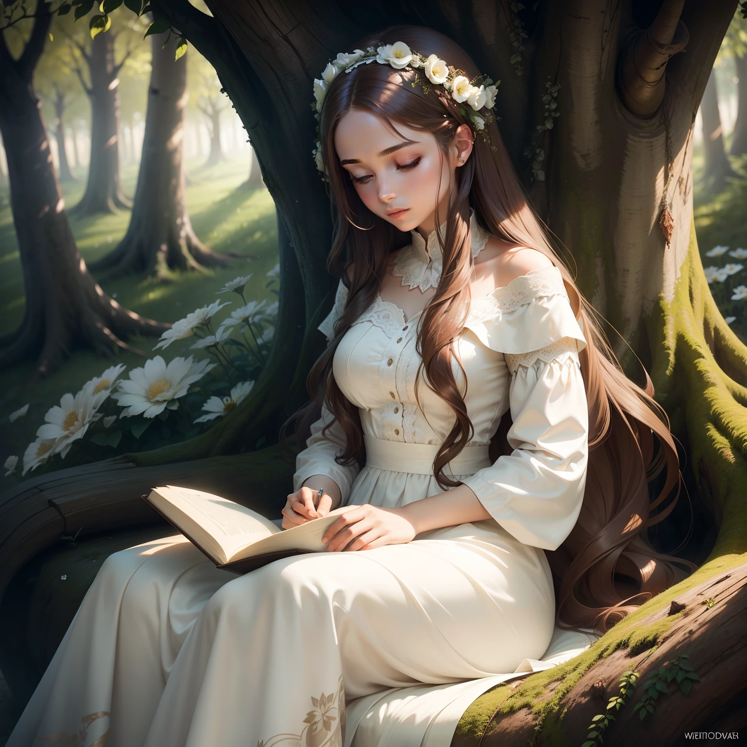 Elegant 20 year old girl reading a book by a tree, long brown hair, long flowing white dress, soft lighting, flowers in her hair, nature