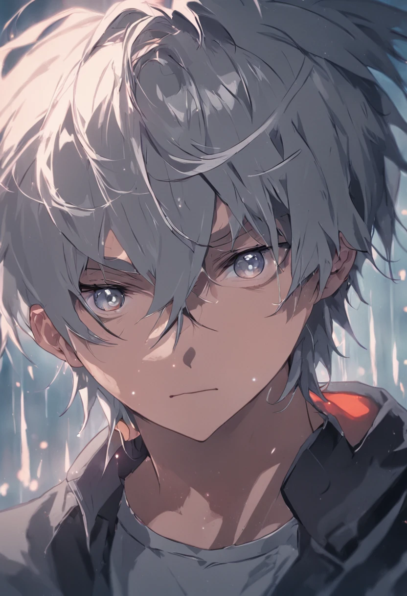 (Boy with gray hair, intense gaze, teenager with a piercing:1.2)