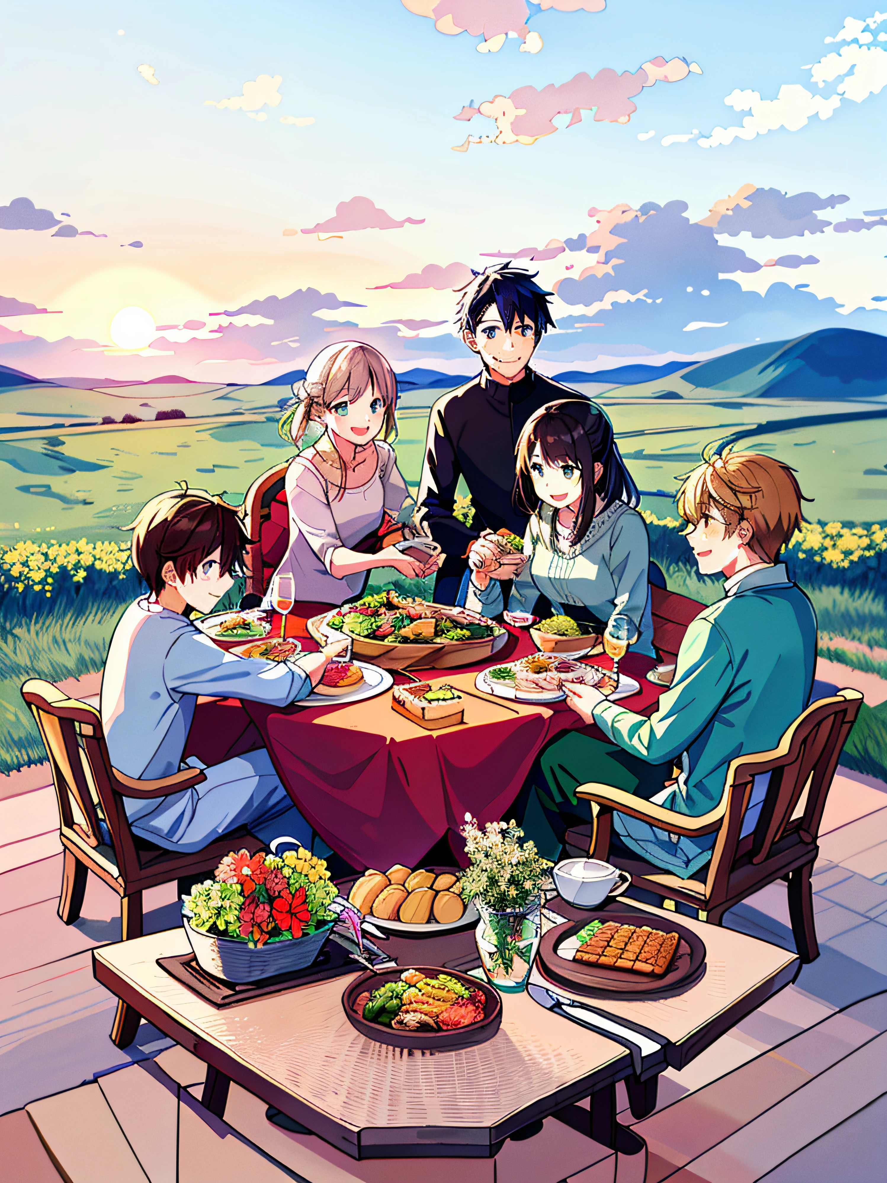 Around the table sat five people,delicacies,Al fresco dining,yurts,the setting sun, green grasslands, Five people happy and happy,light up with pleasure,Family dinner,Joy and joy,Cartoon illustration,Blue sky and white clouds in the distance,In the distance, cattle and sheep flock,Horses graze