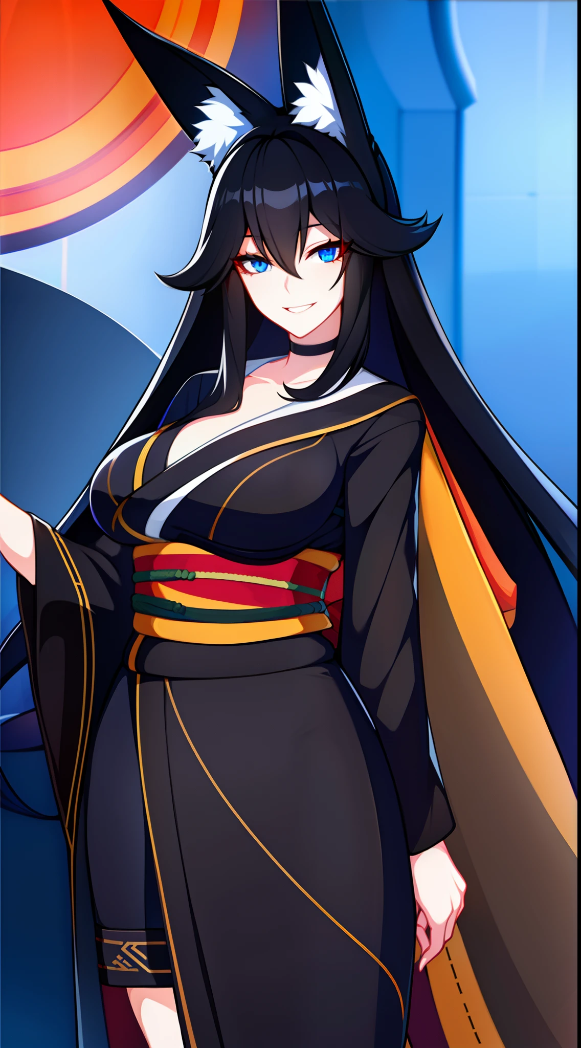 young girl, Long black hair, Fox ears, Yellow eyes, Fox tails, open kimono, open shoulders, open breasts, Smile, Masterpiece, hiquality