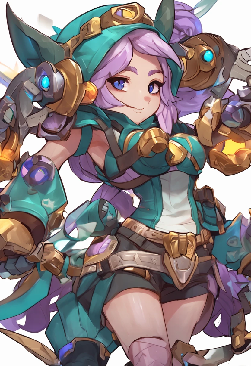 Melhor qualidade de obra-prima (anime:1.1) papoula (Personagem de League of Legends) Yordle (1girl)( pele azul:1.2) orelhas pontudas musculosas magras loiras platinadas penteado longo de duas caudas na academia sorrir, poppy, armadura, playing the guitar