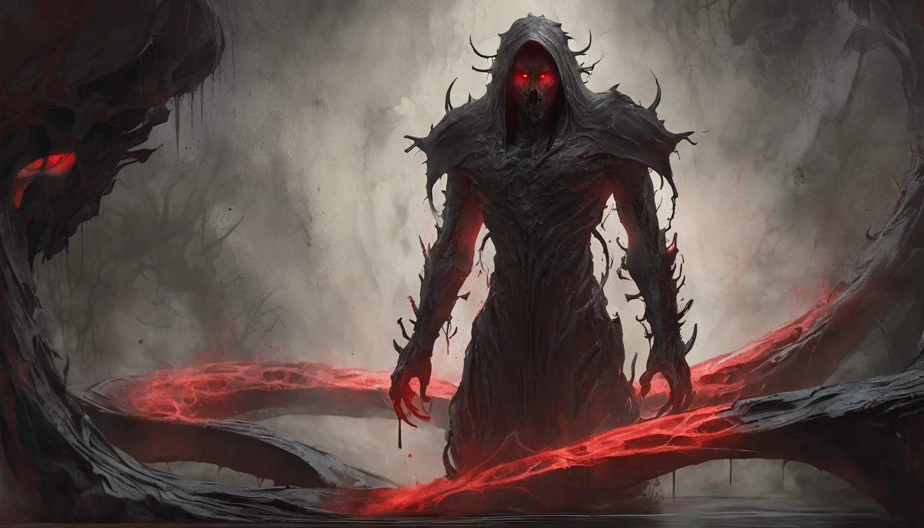 (Aschenhardt Style:1.4), Masterpiece, Best Quality, High Quality,(Dark shapeless creature with dark red glow and red eyes and surrounded by darkness:1.2), (in profile), (Darkness:1.2), Abstraction, Deep Sea, Award-winning photography, Depth of field, HDR, Very detailed, Trending in art stations, Trending in CGsociety, Complex, High detail,(Masterpiece:1.2, Best Quality), (Best Lighting, Very Delicate and Beautiful), (Best Lighting, Very Delicate and Beautiful), (Beautiful Detailed Face), (Detailed Eyes and Detailed Face:1.2), Dark Fantasy, (Young Girl, Little Beast, 1girl, Solo, Crazy Smile, Pale Skin,19 Piercings,((tattoos all over body,Tribal tattoos all over legs)) gray hair, glowing red eyes, dynamic angle, vampire), (get chains, magic circles, graffiti on the wall, in the background)),get demons to be summoned), magic thunder, pointy_ears, fangs,demon wings,demon horns,blood on face,blood rain,blood mist,(depth of field),high contrast,(blood splash:1.4),cowboy shot,full body, black lace up thigh boots,shout, Sacrifice, Magnificent Stage