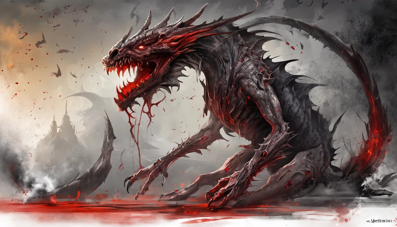 (Aschenhardt Style:1.4), Masterpiece, Best Quality, High Quality,(Dark shapeless creature with dark red glow and red eyes and surrounded by darkness:1.2), (in profile), (Darkness:1.2), Abstraction, Deep Sea, Award-winning photography, Depth of field, HDR, Very detailed, Trending in art stations, Trending in CGsociety, Complex, High detail,(Masterpiece:1.2, Best Quality), (Best Lighting, Very Delicate and Beautiful), (Best Lighting, Very Delicate and Beautiful), (Beautiful Detailed Face), (Detailed Eyes and Detailed Face:1.2), Dark Fantasy, (Young Girl, Little Beast, 1girl, Solo, Crazy Smile, Pale Skin,19 Piercings,((tattoos all over body,Tribal tattoos all over legs)) gray hair, glowing red eyes, dynamic angle, vampire), (get chains, magic circles, graffiti on the wall, in the background)),get demons to be summoned), magic thunder, pointy_ears, fangs,demon wings,demon horns,blood on face,blood rain,blood mist,(depth of field),high contrast,(blood splash:1.4),cowboy shot,full body, black lace up thigh boots,shout, Sacrifice, Magnificent Stage