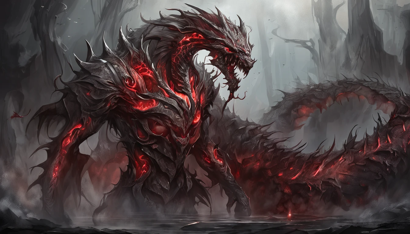 (Aschenhardt Style:1.4), Masterpiece, Best Quality, High Quality,(Dark shapeless creature with dark red glow and red eyes and surrounded by darkness:1.2), (in profile), (Darkness:1.2), Abstraction, Deep Sea, Award-winning photography, Depth of field, HDR, Very detailed, Trending in art stations, Trending in CGsociety, Complex, High detail,(Masterpiece:1.2, Best Quality), (Best Lighting, Very Delicate and Beautiful), (Best Lighting, Very Delicate and Beautiful), (Beautiful Detailed Face), (Detailed Eyes and Detailed Face:1.2), Dark Fantasy, (Young Girl, Little Beast, 1girl, Solo, Crazy Smile, Pale Skin,19 Piercings,((tattoos all over body,Tribal tattoos all over legs)) gray hair, glowing red eyes, dynamic angle, vampire), (get chains, magic circles, graffiti on the wall, in the background)),get demons to be summoned), magic thunder, pointy_ears, fangs,demon wings,demon horns,blood on face,blood rain,blood mist,(depth of field),high contrast,(blood splash:1.4),cowboy shot,full body, black lace up thigh boots,shout, Sacrifice, Magnificent Stage