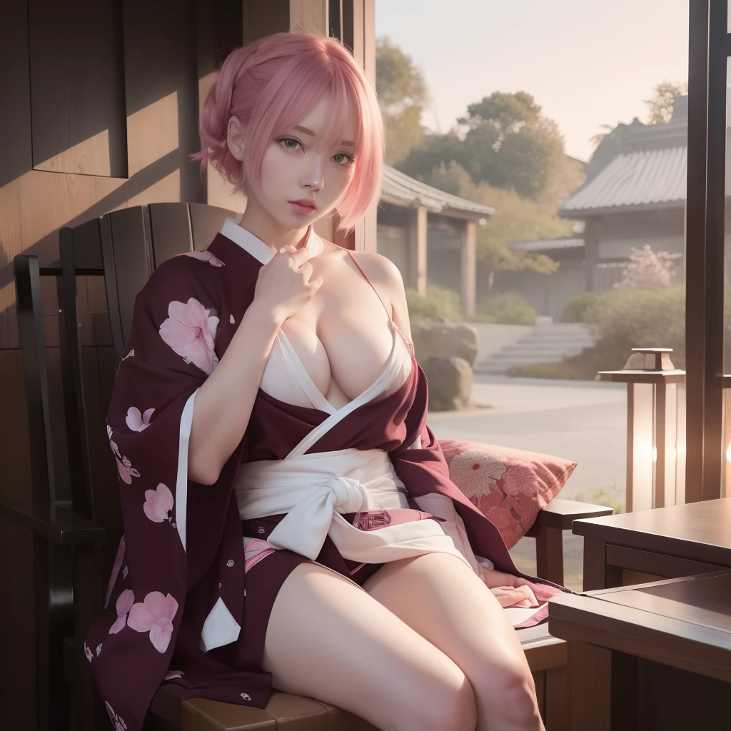 Sakura uchiha. A woman sitting in ruftop at night in the country. He was seen sitting in a chair. He wore a red kimono with white stripes. The top of her shirt was open showing her big, round breasts. The open underside also showed her smooth, white thighs. She had short pink hair that wasn't covered in knots. Her skin was so pale white her cheeks were blushing red and her tiny red lips were tantous. He seemed to glance at the camera. Looking so hot and realistic