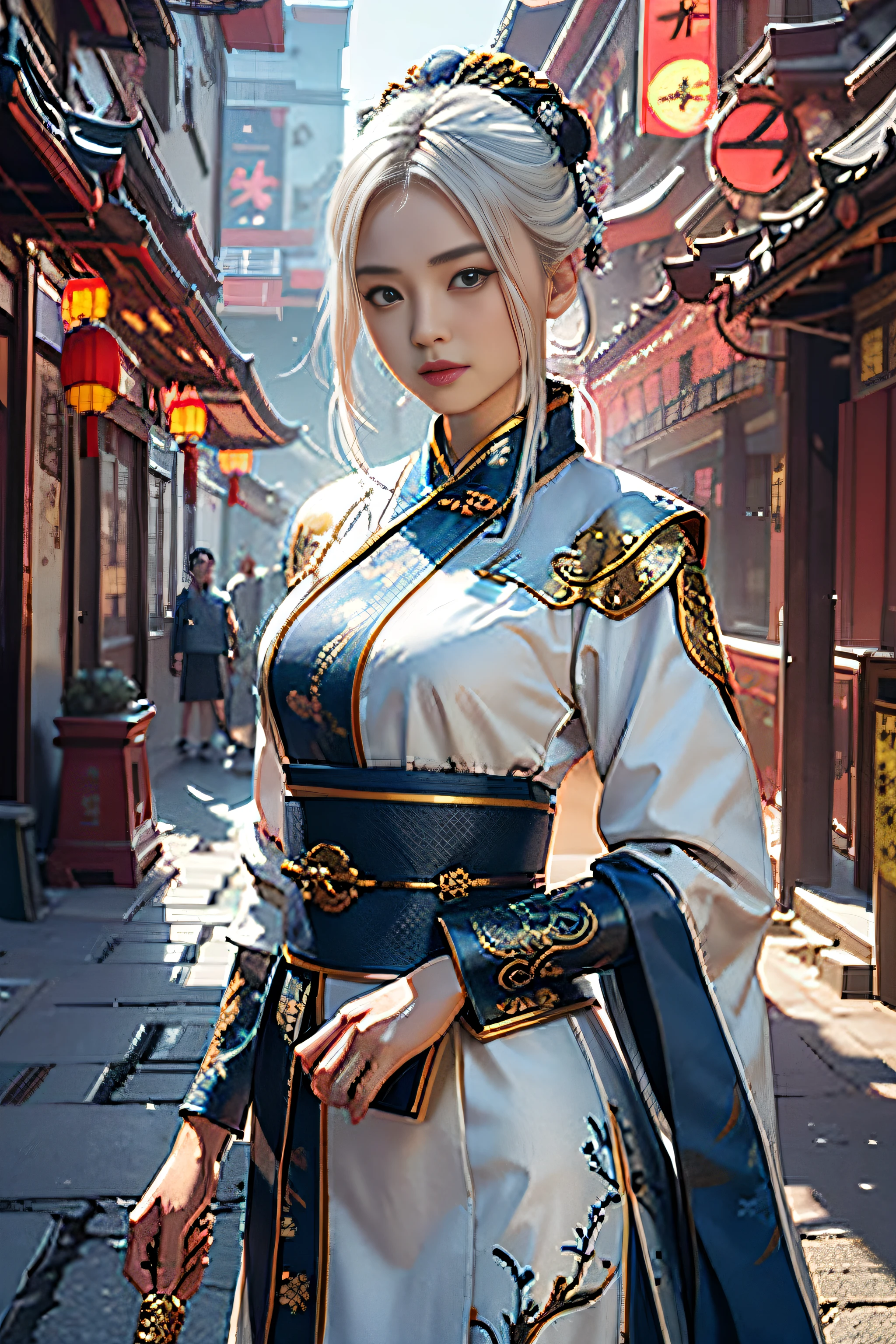 best qualtiy,tmasterpiece,超高分辨率,(realisticlying:1.4),xiuxian,arma,Detal Face,
1girll,white color hair,Dark blue cheongsam,独奏,arma,,(Magical Circle:1.2),xiuxian,The upper part of the body,a beauty girl,full bodyesbian,east asian architecture,jacket,buliding,
