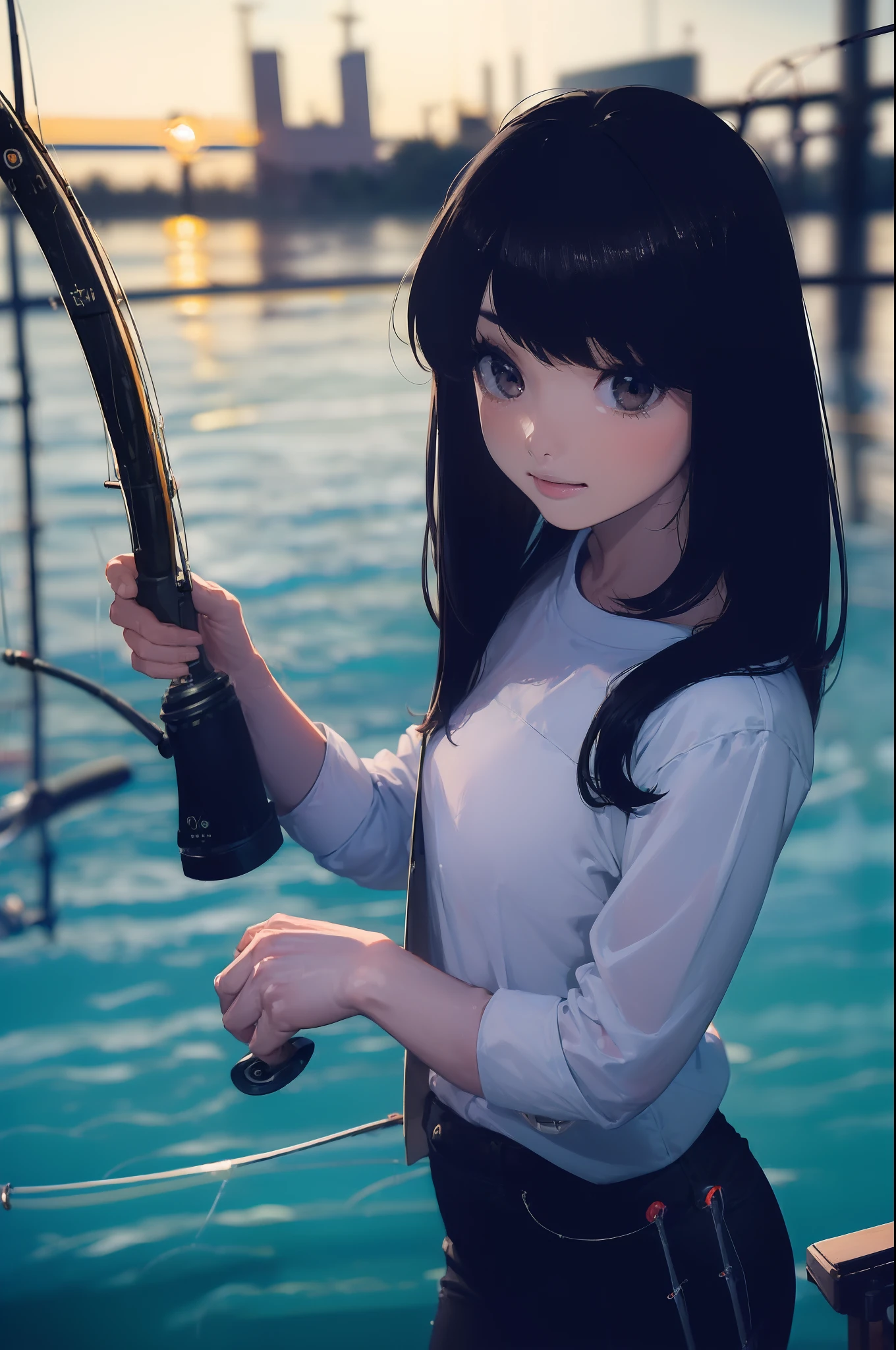 ((((having a fishing rod with a reel by the lakeside:1.5)))),((Female 28 years old)),((Best Quality:1.5)),(((Hands with the correct number and structure of fingers:1.4))),((Big fish:1.37)),hight resolution,ultra-detailliert,​masterpiece,best qualtiy,(Eight-headed body),Black hair, long eyes-lashes, Solid Circle Eyes, drop shadow, Atmospheric perspective,Super Detail, ccurate, small brest,(Black jacket and black jeans :1.1),top-quality, blurry backround, bokeh dof:1.2, (​masterpiece:1.3),  Atmospheric perspective,Super Detail,dynamic compositions,