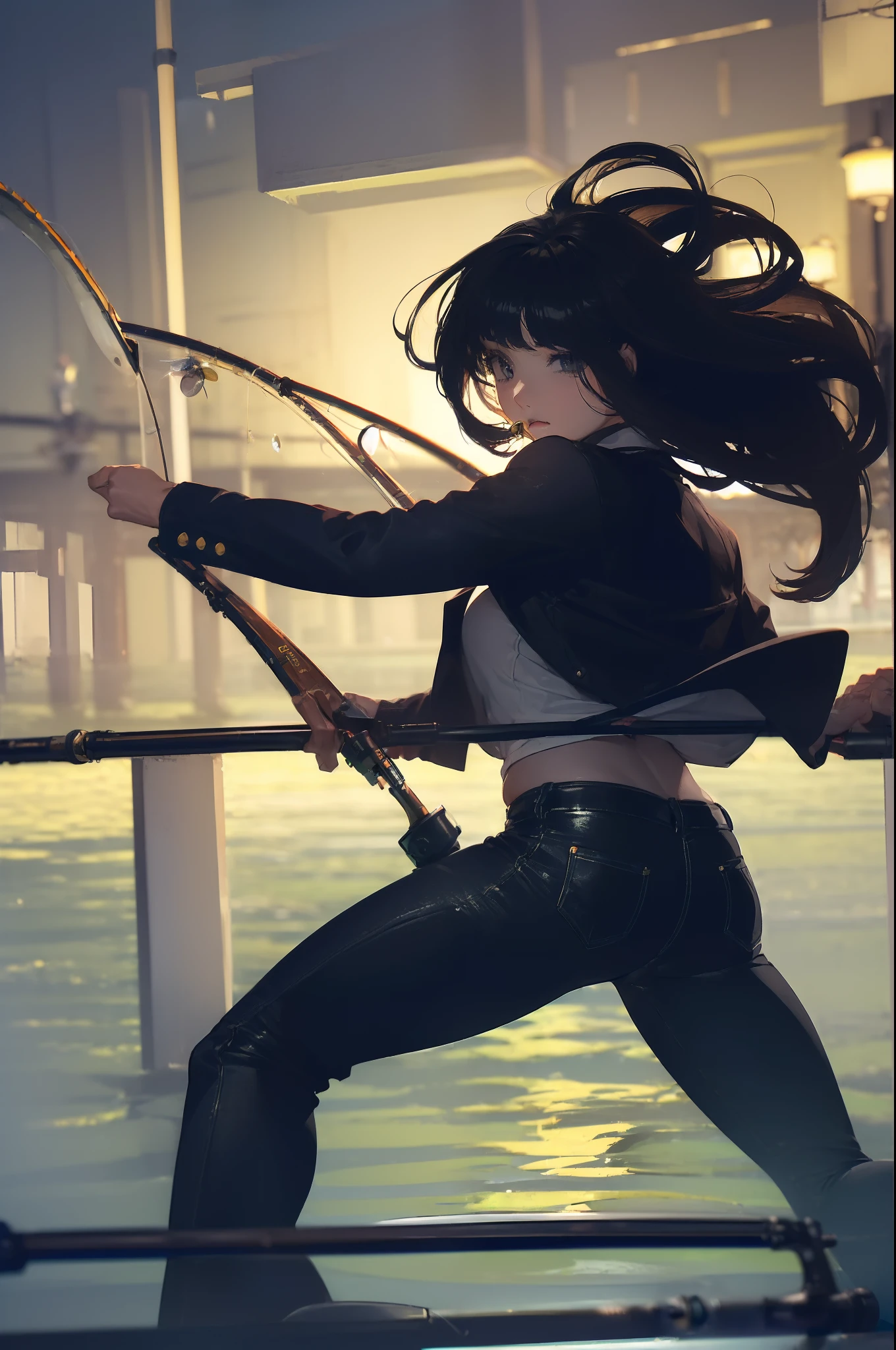 ((((having a fishing rod with a reel by the lakeside:1.5)))),((Female 28 years old)),((Best Quality:1.5)),(((Hands with the correct number and structure of fingers:1.4))),((Big fish:1.37)),hight resolution,ultra-detailliert,masterpiece,best qualtiy,(Eight-headed body),Black hair, long eyes-lashes, Solid Circle Eyes, drop shadow, Atmospheric perspective,Super Detail, ccurate, small brest,(Black jacket and black jeans :1.1),top-quality, blurry backround, bokeh dof:1.2, (masterpiece:1.3), Atmospheric perspective,Super Detail,dynamic compositions,