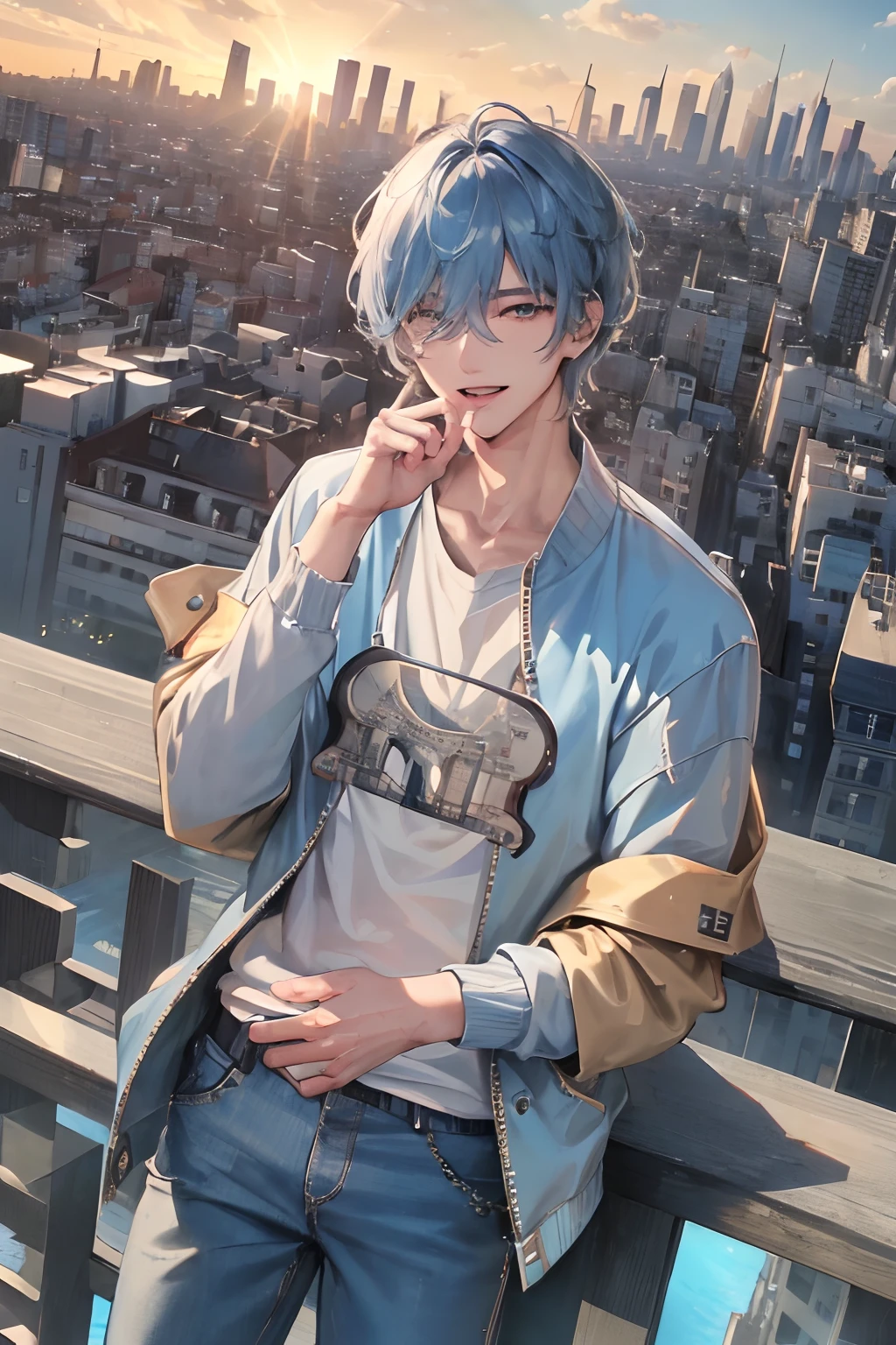 Official fine art，tmasterpiece，Sharp focus，（Handsome gentleman Korean man：1.3），（Handsome and sunny Korean man：1.3），Korean handsome man，Delicate and beautiful hair and eyes and face，realisticlying，ultra - detailed，cool guy，blue-sky，Glowing white particles,(side-lighting:1.2),rays of sunshine,baiyun,Detailed clouds,Slender,Perfect body proportion,Stylish，ssmile,((Laugh and open your eyes)),scenecy,short detailed hair, Gentle facial expressions, buliding, (Cityscape:1.7), Dynamic hair, Short ear-length hair, Delicate blue hair, glow blue eyes, (Beige sweatshirt+denim pant),, paleskin, hair adornments, epic landscapes,