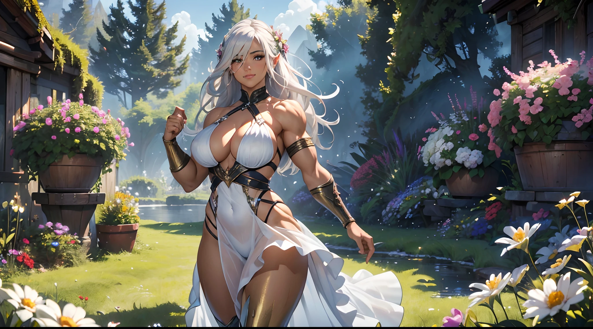 ((Masterpiece)), ((extreme details)), ((1 femme)), femme demi-orc demi-elfe-noire, Muscular woman in short summer dress of light and semi-transparent fabric, Dancing on a field of flowers on a windy day, (Slightly transparent white nightdress), Regarder le spectateur, sourire affectueux, Gold ring, very muscular body, Silvery white hair, Queue de cheval, Yeux verts, Muscular sexy figure, massive and huge breasts, thick muscular ass, moite, wet, Flower field as far as the eye can see, ((High Details)), ((Best quality)), 8k, realism, Ray Tracing, reflection light, textured skin, Rendu CG3D, lighting cinematic,