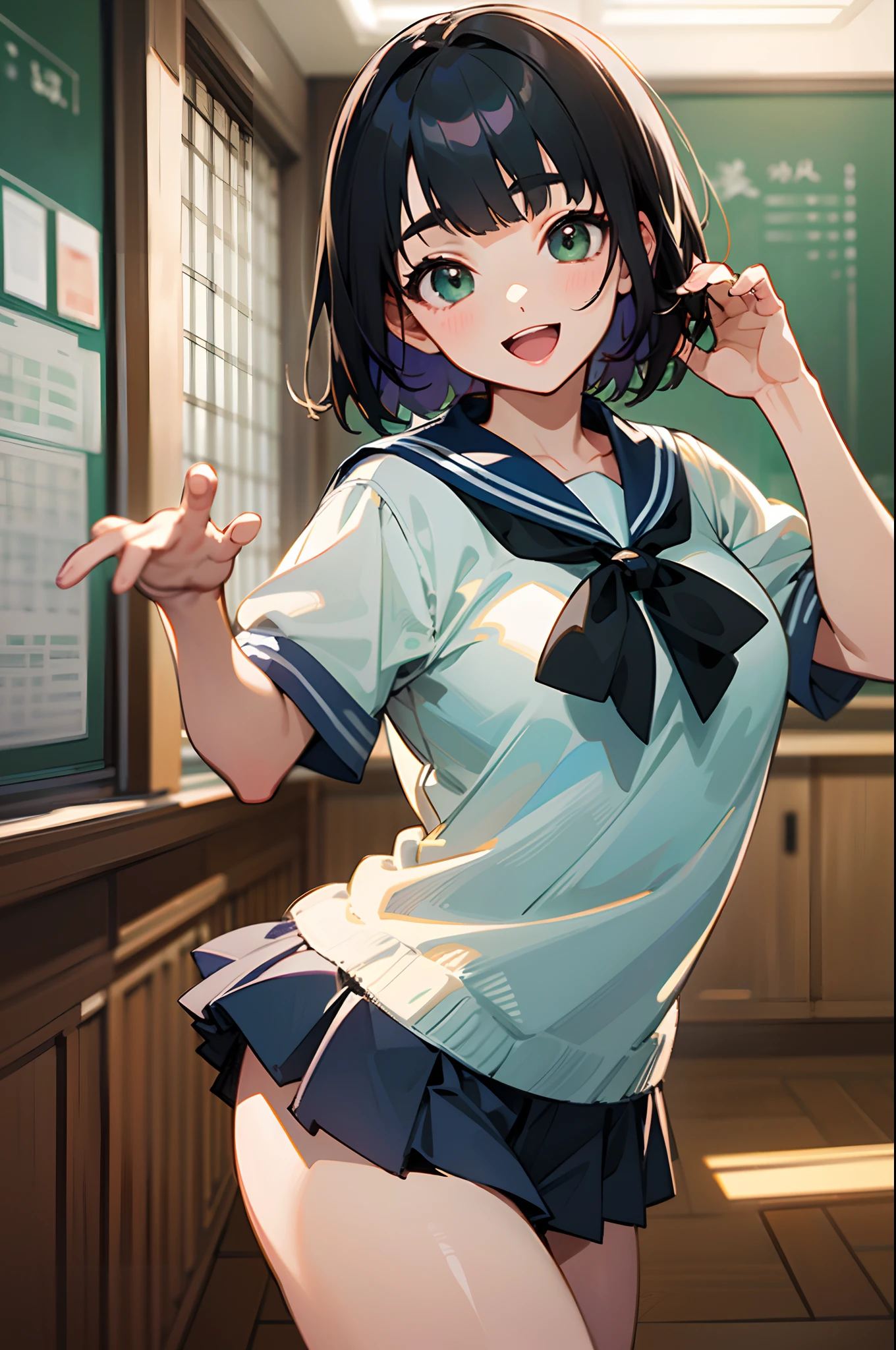 (top-quality、in 8K、32K、​masterpiece、nffsw、超A high resolution、Impresionismo、Photorealsitic:1.2)、-yeld beiful girl、独奏、Colossal tits、detailed faces and eyes、short-hair、Beautiful black hair、Blunt bangs、Green eyes、Smile with open mouth、shinny skin、a sailor suit、Pleated miniskirt、Inside the classroom、Schools、Evening glow、blurry backround、cowboy  shot
