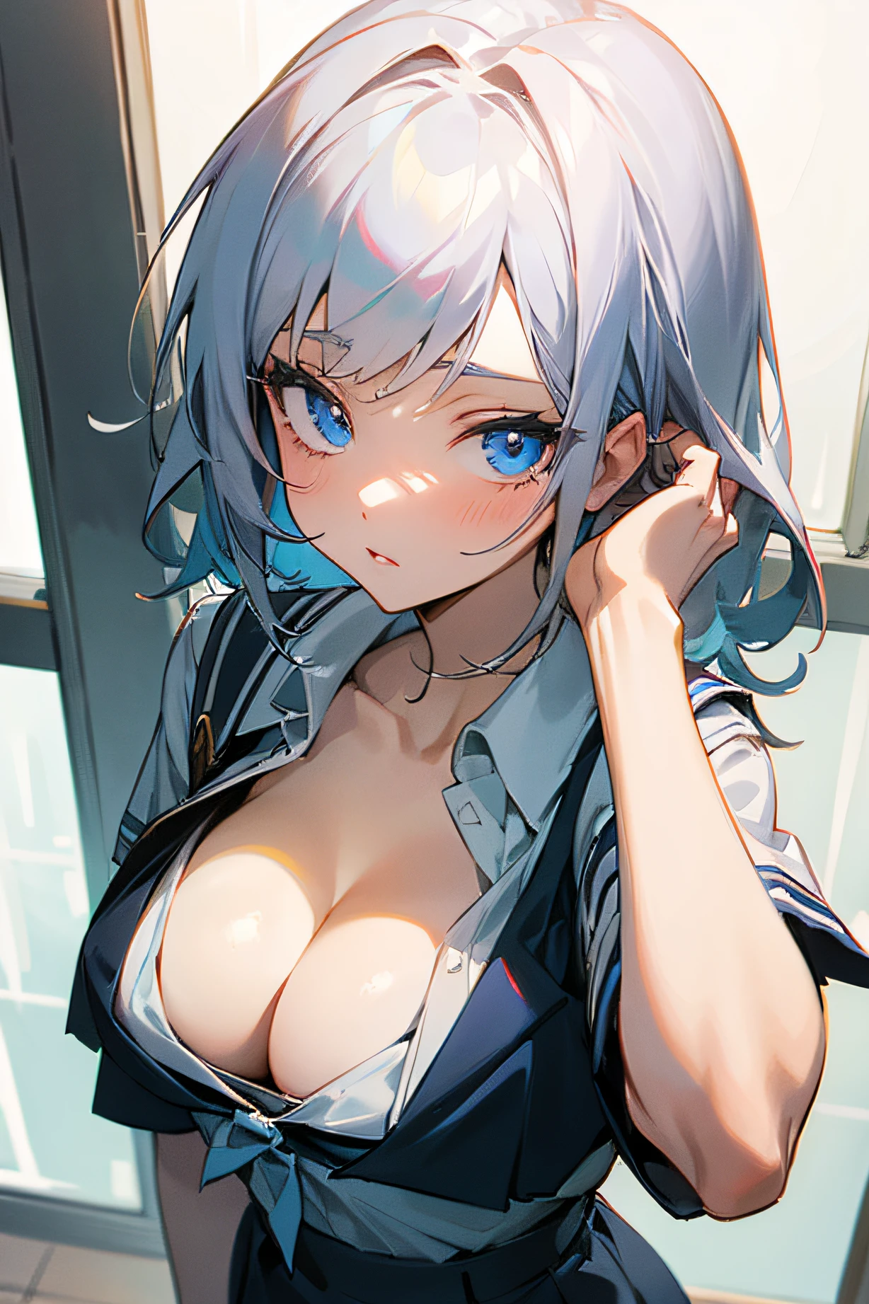 anime girl, white, girl, blue eyes, cleavage, looking at viewer, masterpiece