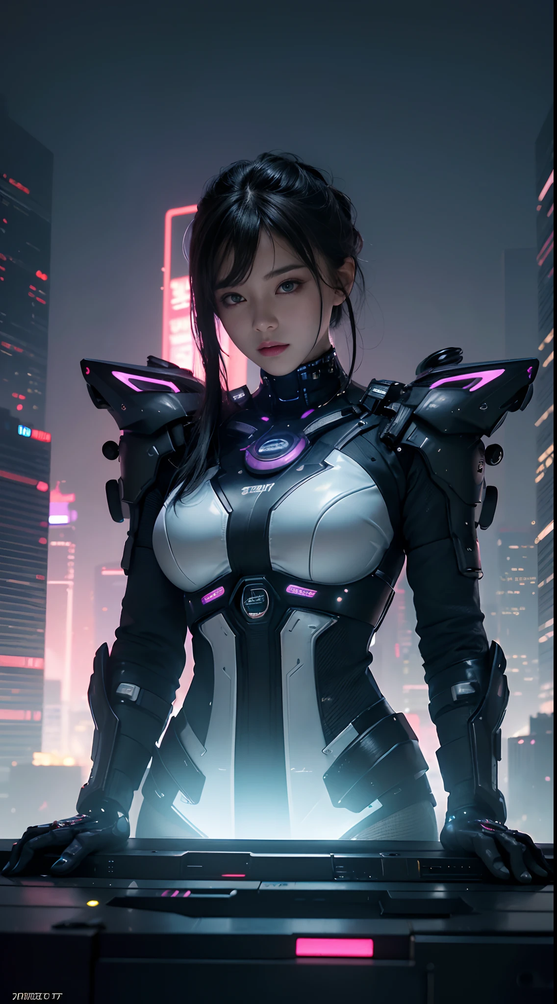 Best image quality, Masterpiece, Ultra-high resolution, (Fidelity:1.4), Photo,  Movie, ((cyber punk perssonage)), cyber outfit, Futuristic, ((Award-winning ultra-realistic photos))，（Hyper-detailing），（Complicated details），（High resolution CGI artwork 8k），a girl in，Futuristic cyberpunk，Detailed cyberpunk cityscape。Futuristic style，There are many colors and LED lights。The cityscape should be very detailed，depth of fields。Create depth with atmospheric lighting，wide wide shot。Use atmospheric and volumetric lighting to enhance cityscape detail。illuminated by neon lights, Pastel textured colored background, Colourful, vibrant