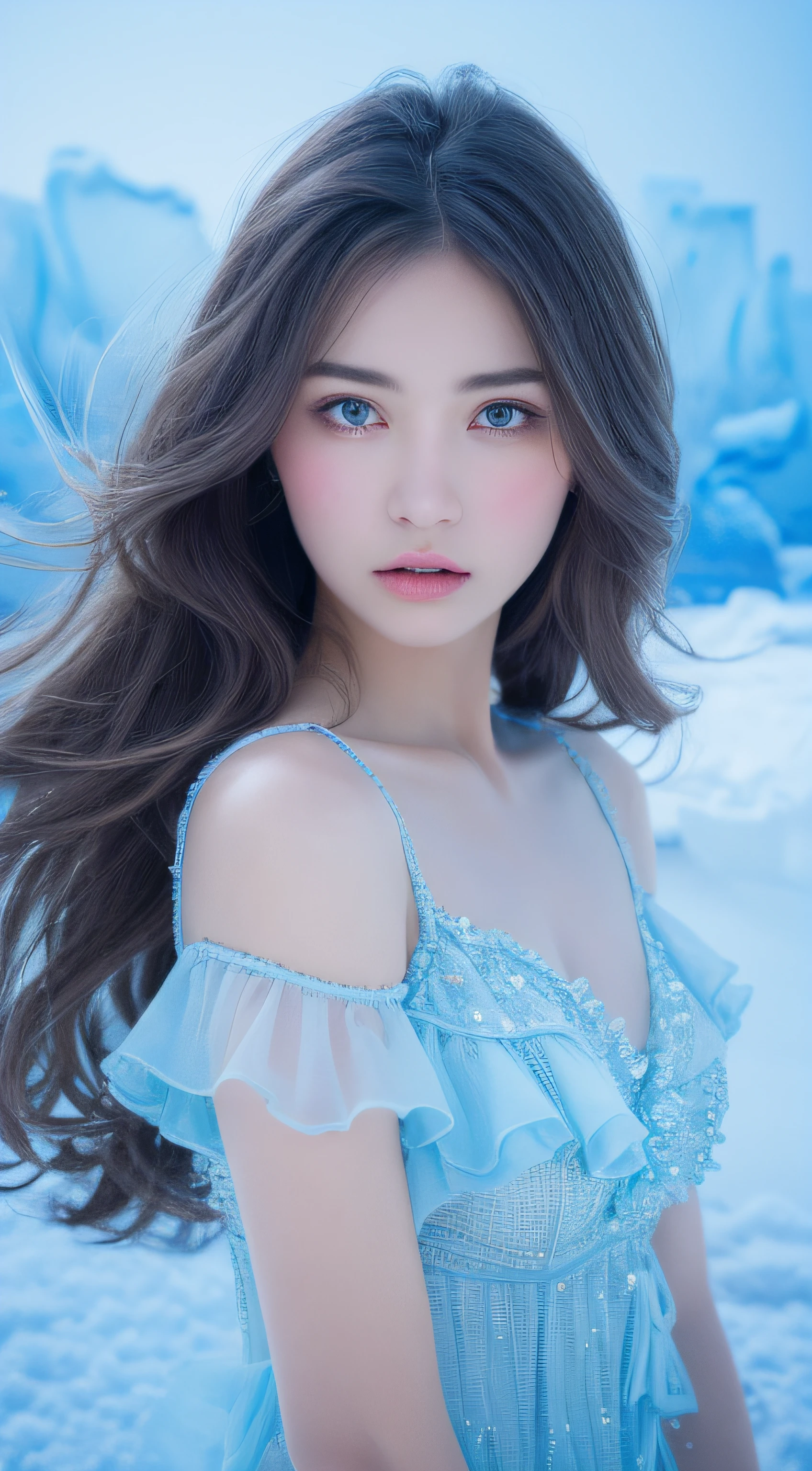 super fine illustration, an extremely cute and beautiful girl, underwear,highly detailed beautiful face and eyes, look at viewer, cowboy shot, beautiful long hair, solo, dynamic angle, beautiful detailed ice dress with frill, ice castle in background, blue tone