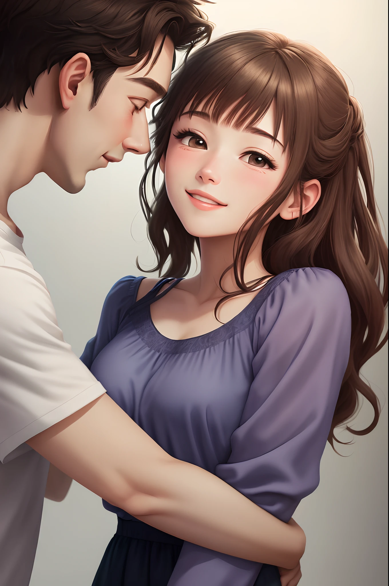 blonde boy, brunette girl, hugging, blue background