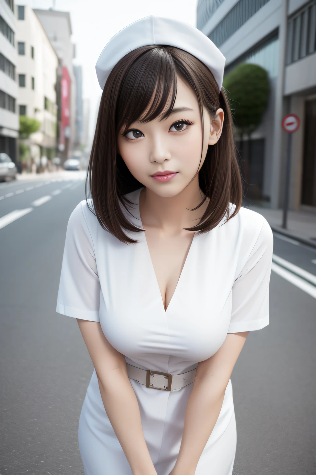 Best Quality、masutepiece、超A high resolution、(Photorealistic:1.4)、(Thin eyebrows:0.2)、(thin lipss:0.8)、(small nose:0.8)、Appearance without makeup、run、japanes、24-year-old woman、Nurse、Nurse Cap、Bodycon Dresses、Nurse Shoes、Brown hair、short-hair、Smile、(the perfect body:1.2)、dynamicposes、(small nipple:0.7)、Big breasts、Urban background、By Michelangelo、ulzzang -6500-v1.1