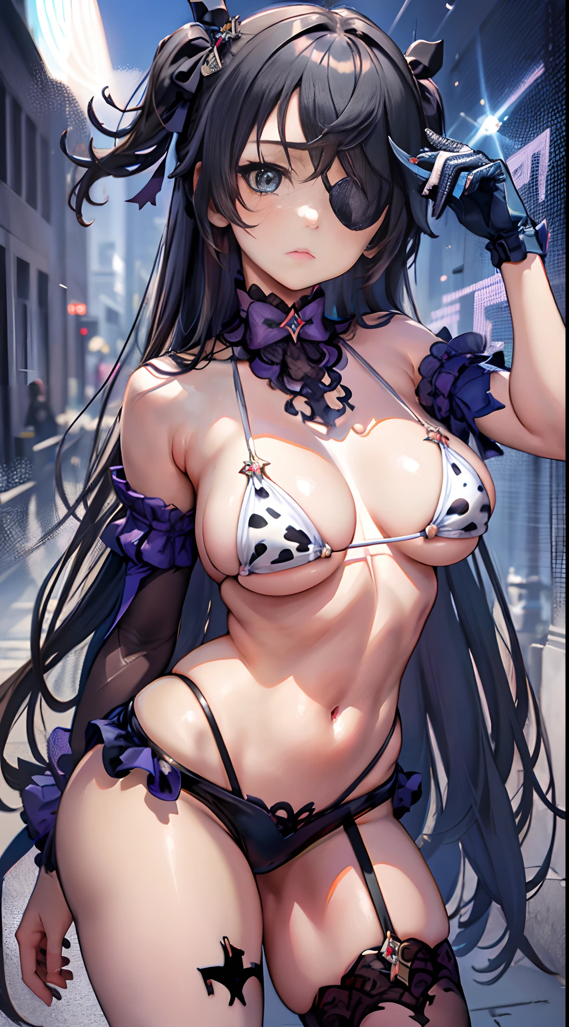 Cheers Saki | Blue Archives, Iwhole Body, (NSTDA.:1.2), (10, beste-Qualit, master-piece: 1.4), ultra-high resolution, (Realistic, photorealistic portrait: 1.48), 20 years old girl , ( Micro Beetle View - Bikini Pass:1.11),Cow's milk bikini print, Famous Japanese celebrities, Blue Eyes, Head Tilted, cowboy shot, View from the front, looking at the audience, expressionless, Beautiful Sea Zeiss f 150mm/ 2.8 Hasselblad, Whole body, foot , Ultra-Wide Angle