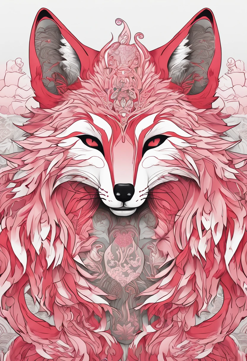 (White background:1.4),(The face of the girl's head, Eyes open, Long pink hair,Pink fox ears,There are nine fluffy fox tails,The tail has a fiery red color at the end, Oriental elements),(Chinese illustration:1.3,paper art:1.3, Quilted paper art:1.2),( reasonable design, Clear lines, High sharpness,Best quality, Very detailed, Masterpiece, movie light effect, 4K )