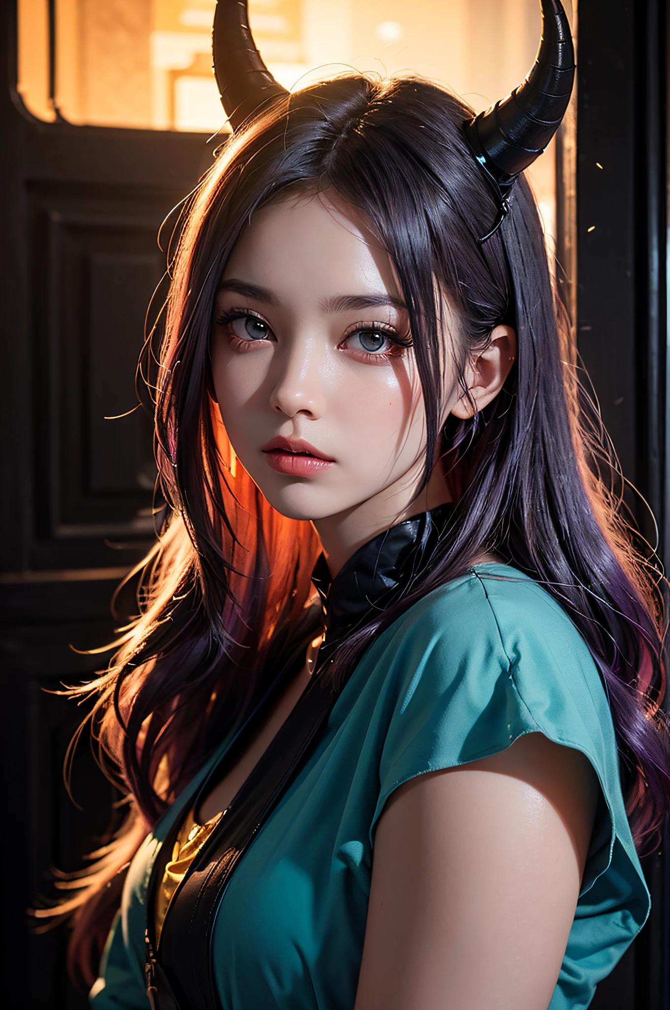 of an 18-year-old woman, purple color  hair, (hi-top fade: 1.3), Dark theme, Calm tones, Subdued Color, High contrast, (Natural Skin Texture, Hyper-Realism, Soft light, sharp), Golden Holly Aura Glow, Particle, exposure blend, medium shot, Bokeh, (nffsw: 1.4), High contrast, (Cinematic, Teal, orange: 0.85), (Subdued Color, dim colors, Muted Tones: 1.3), Low saturation, (Hyper Detail: 1.2), (Noir: 0.4), , Pubic hair, Satan's horns, Japanese idle