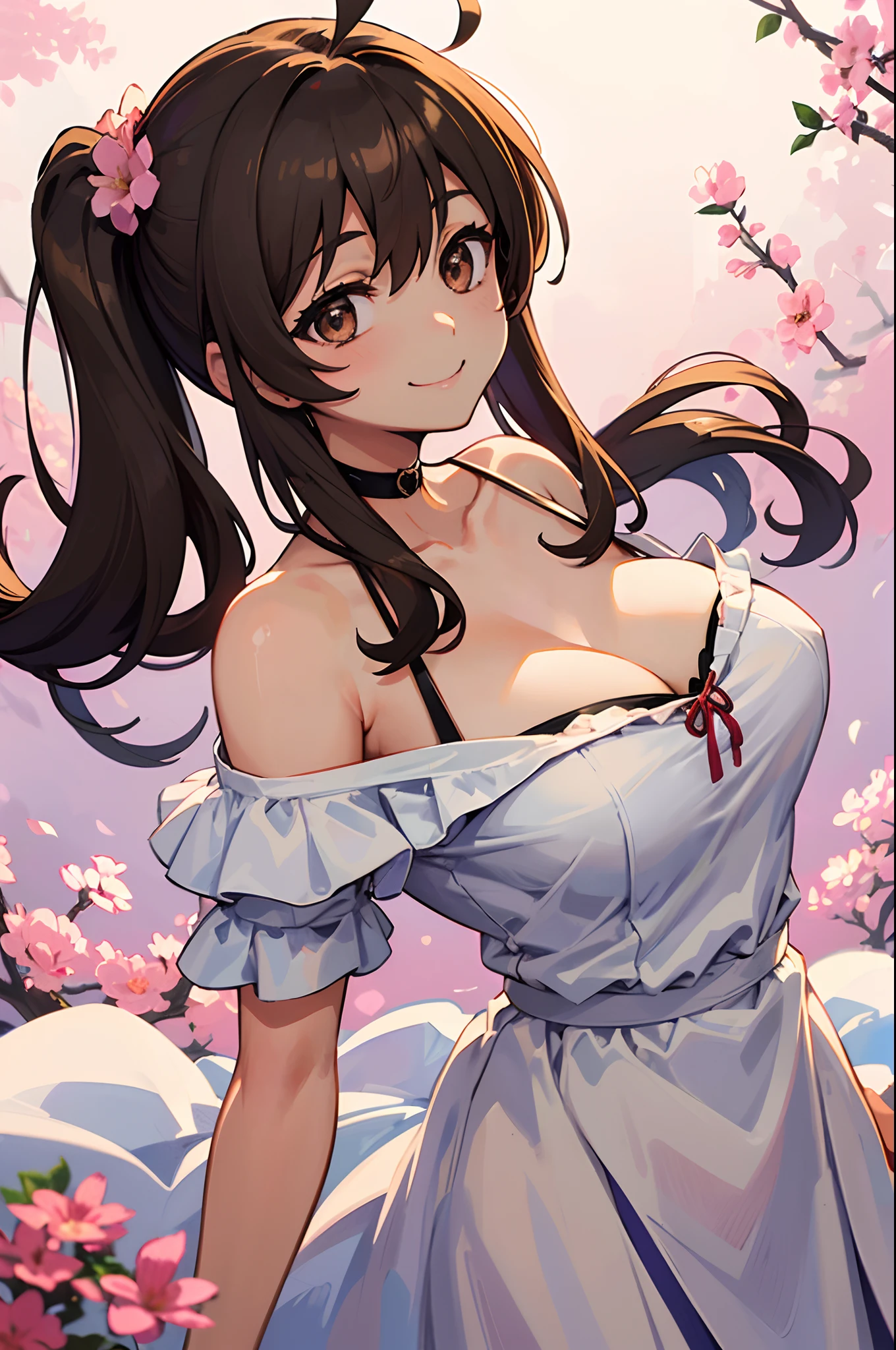 masutepiece、Best Quality、hight resolution、((1girl in、独奏、big eye、dark brown eyes、light brown hair、Side Ponytail:1.3、large full breasts、Ahoge、Plain white off-the-shoulder dress:1.3、Short sleeves、frilld、Pink flowers on light background、I love you、A smile))