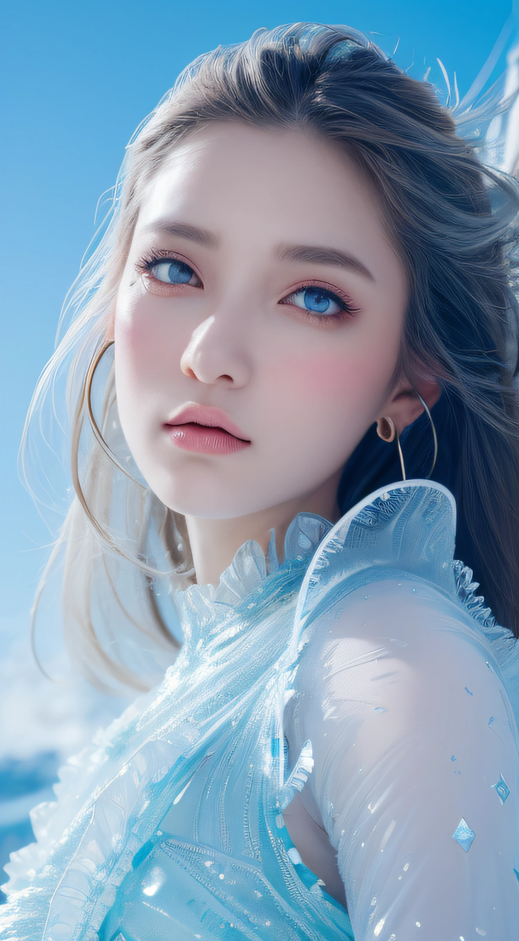 super fine illustration, an extremely cute and beautiful girl, underwear,highly detailed beautiful face and eyes, look at viewer, cowboy shot, beautiful long hair, solo, dynamic angle, beautiful detailed ice dress with frill, ice castle in background, blue tone
