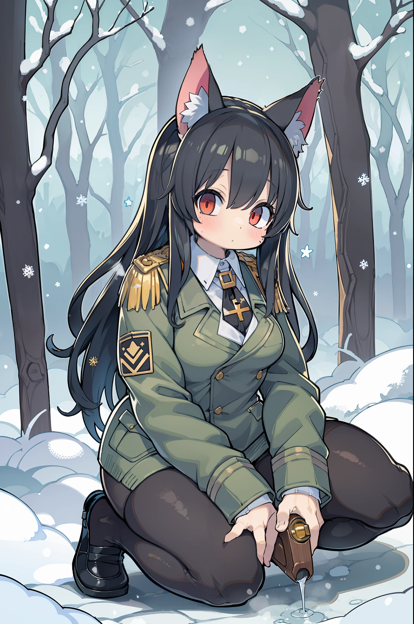 snowy forest, Black hair, Cat ears, Cat Girl, Red Eyes, Kneeling, Nazi officer uniform, Nazi, Germany, Black Officer Uniform