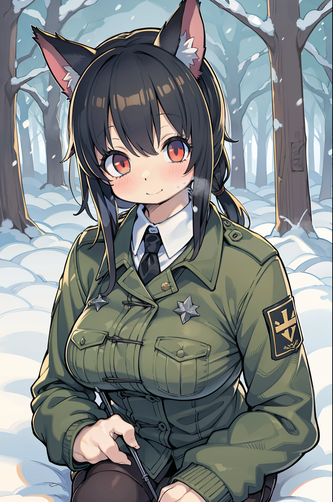 snowy forest, Black hair, Cat ears, Cat Girl, Red Eyes, Kneeling, Nazi officer uniform, Nazi, Germany, Black Officer Uniform