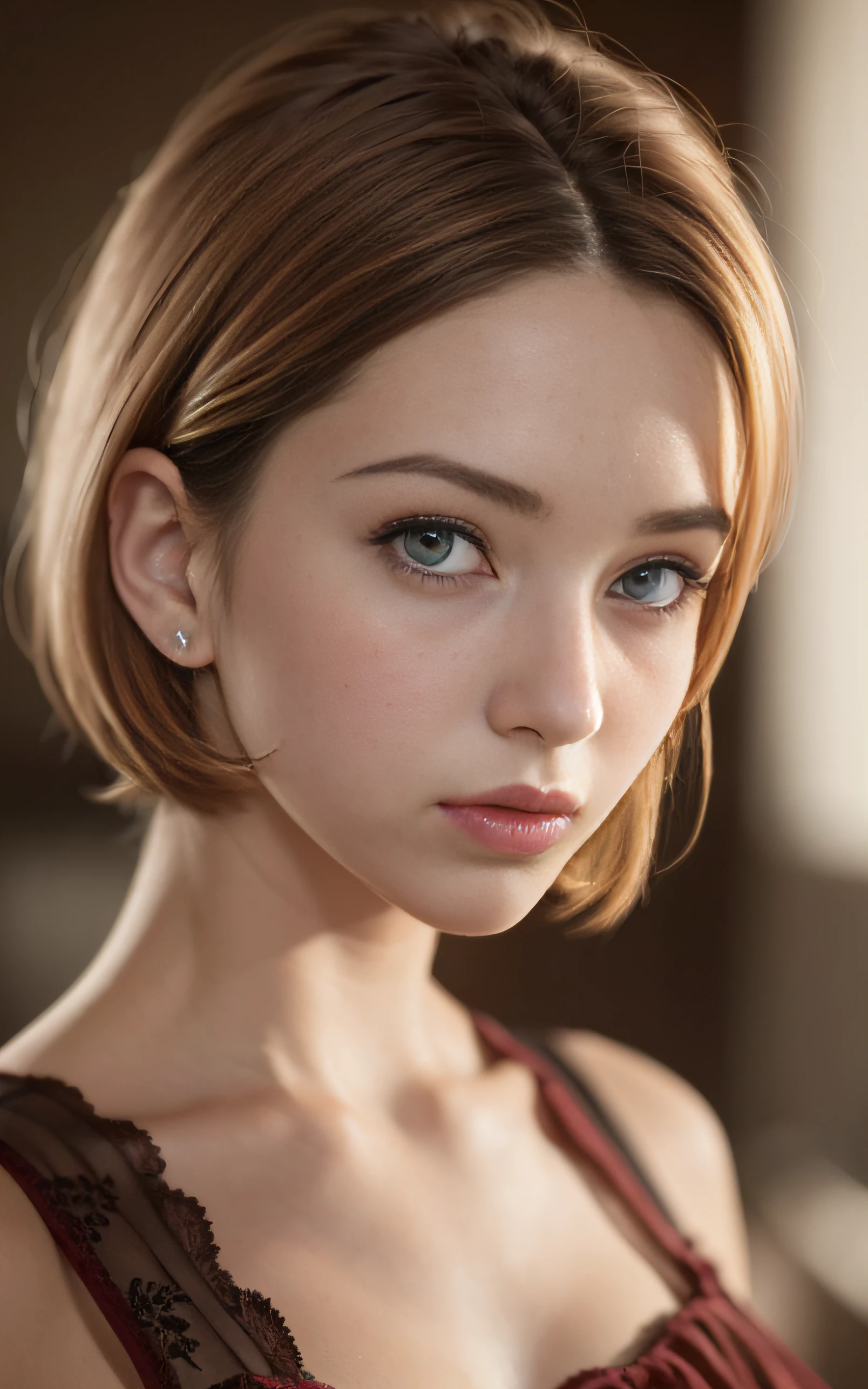 (Stanford: 1.5), close up, masutepiece, Best Quality, Original photo, Realistic, Beautuful Women, 23 years old, Sexy retro style, Cute, Short hair, depth of fields, High resolution, Ultra-detailed, Fine detail, Extremely detailed, extremely detailed eye and face, Sharp pupils, Realistic pupils, Sharp Focus, Cinematic lighting