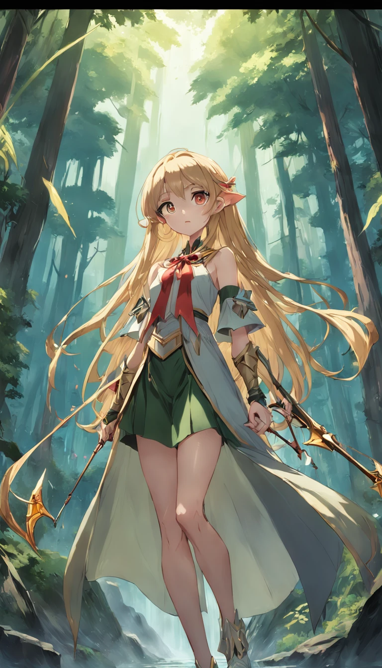 ​masterpiece、top-quality、Dim jungle、Giant spider with elongated legs、Blonde elf woman with bow and arrow、Brown-haired human wizard man with wand