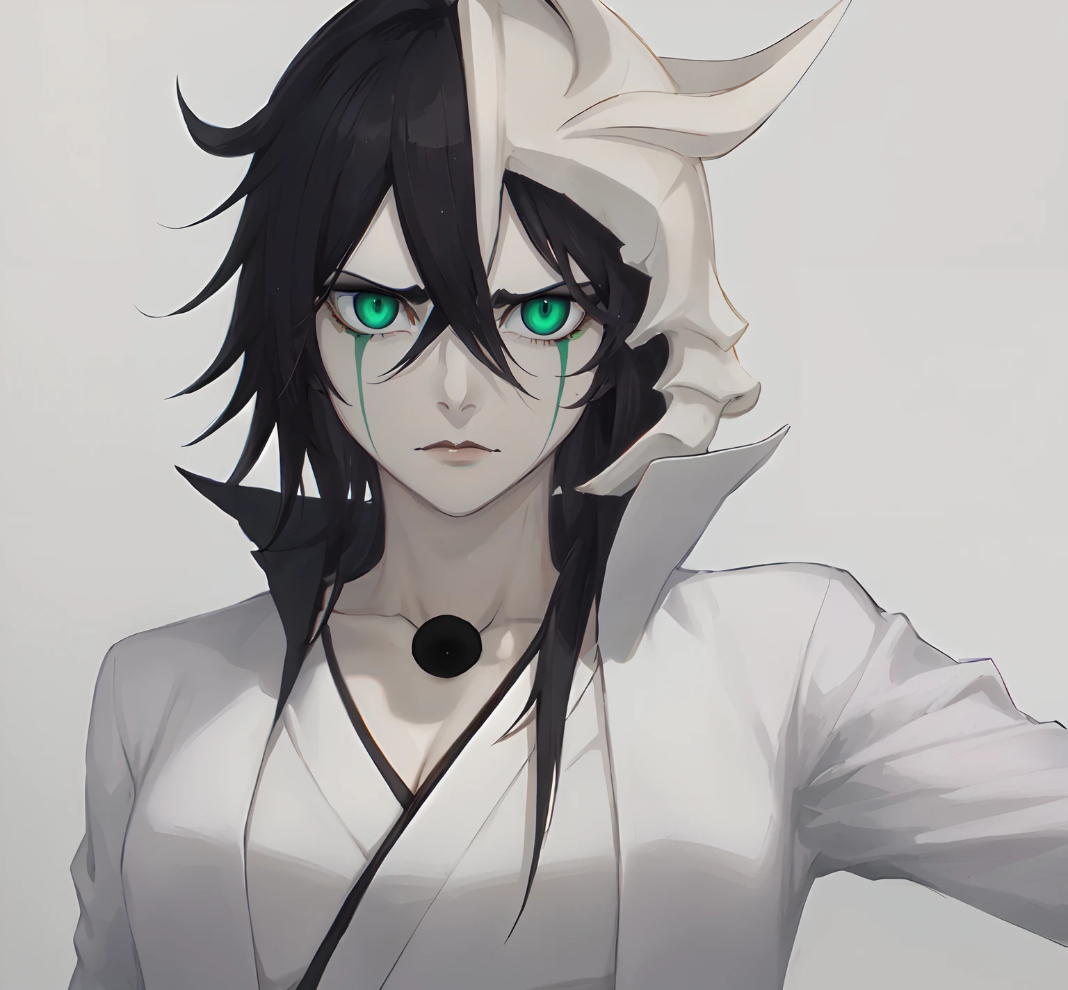 masterpiece, best quality, ulquiorra cifer, genderswap, female ulquiorra cifer, deadpan expression, female focus, black coloured upper lip, no eyebrows, eyelashes, pale grey skin, skin coloured lower lip, green lines which descend from the lower part of eyes, feminine lips, slit-shaped pupils