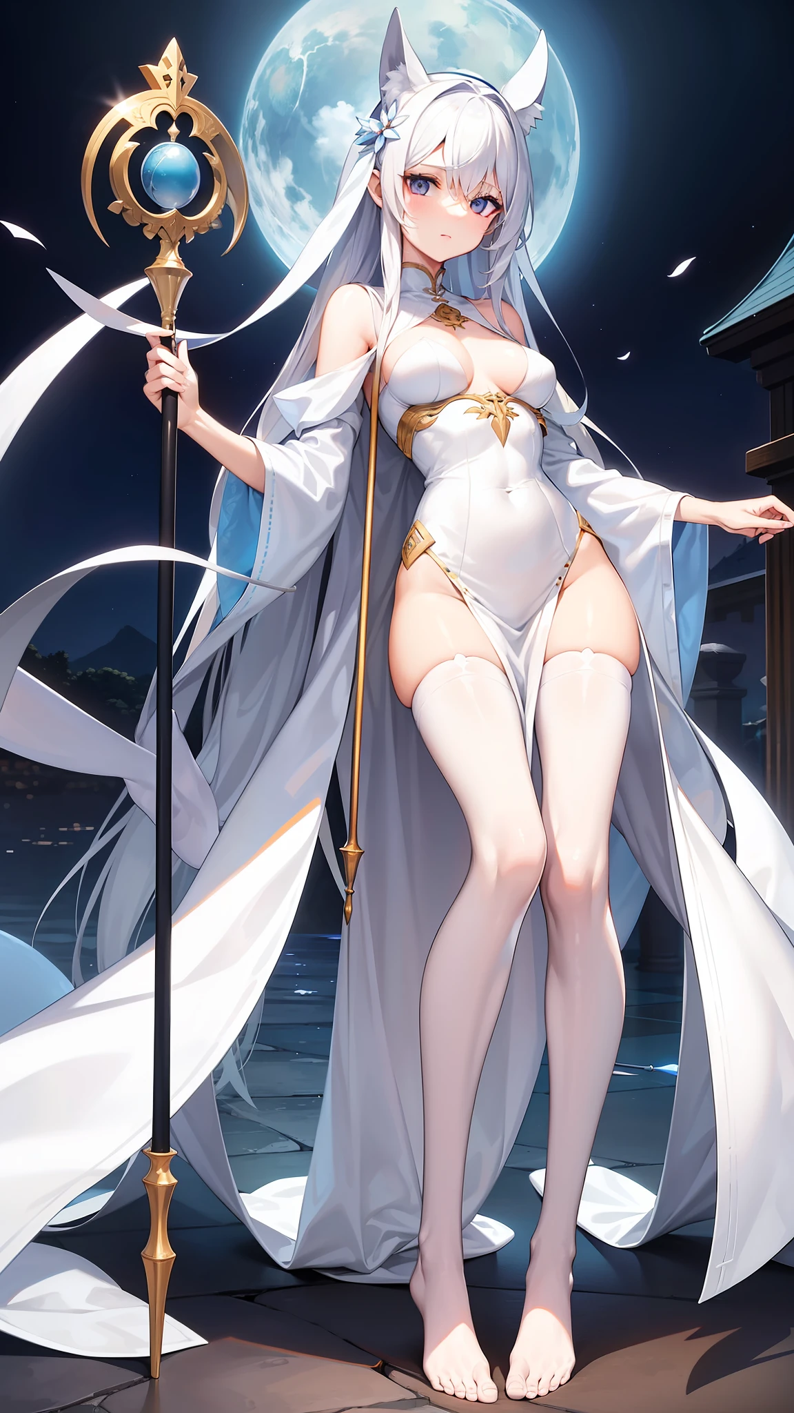 barefoot, white stockings, thin clothing, D-cup, about 175 cm tall, carrying a 190 cm staff studded with sky blue stones 30 cm in diameter