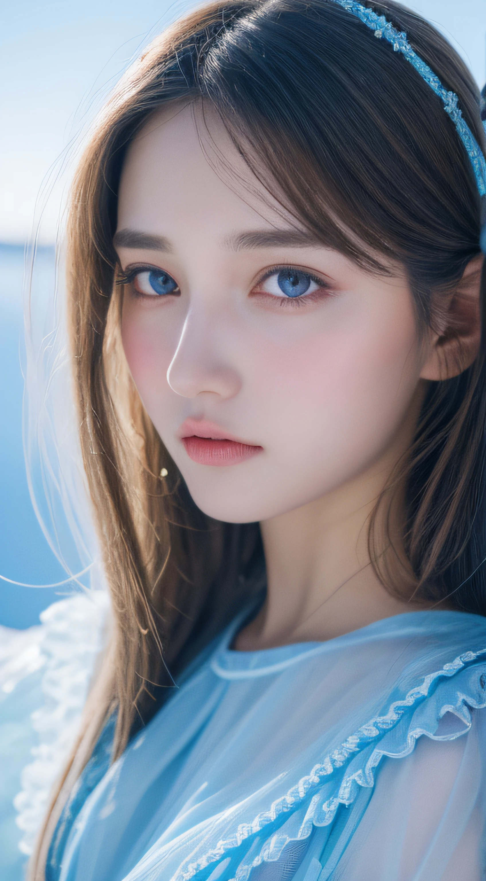 super fine illustration, an extremely cute and beautiful girl, underwear,highly detailed beautiful face and eyes, look at viewer, cowboy shot, beautiful long hair, solo, dynamic angle, beautiful detailed ice dress with frill, ice castle in background, blue tone