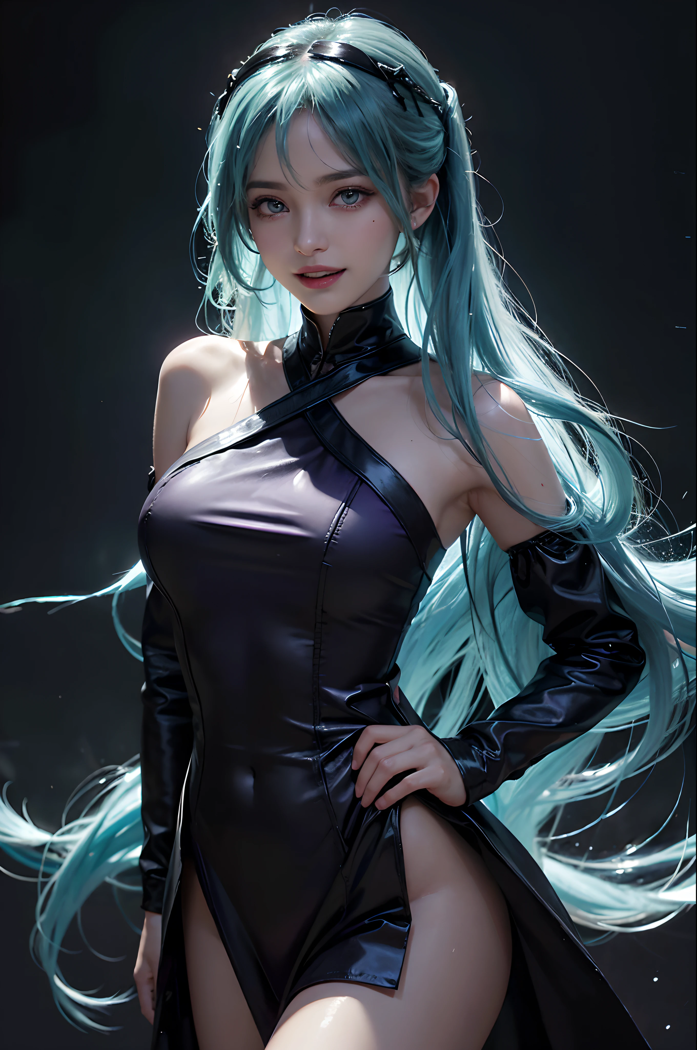 Masterpiece, Best Quality, 1 Girl, solo, (Heterochromia, Purple right eye:1.6, Red left eye), (turquoise hair :2.0) (Straight hair), (Long hair: 1.4), (turquoise dress: 1.4), (long-sleeved dress:1.2), (Shoulder-baring
outfit)(black necktie:1.2),
(Overall impression of the screen is green)