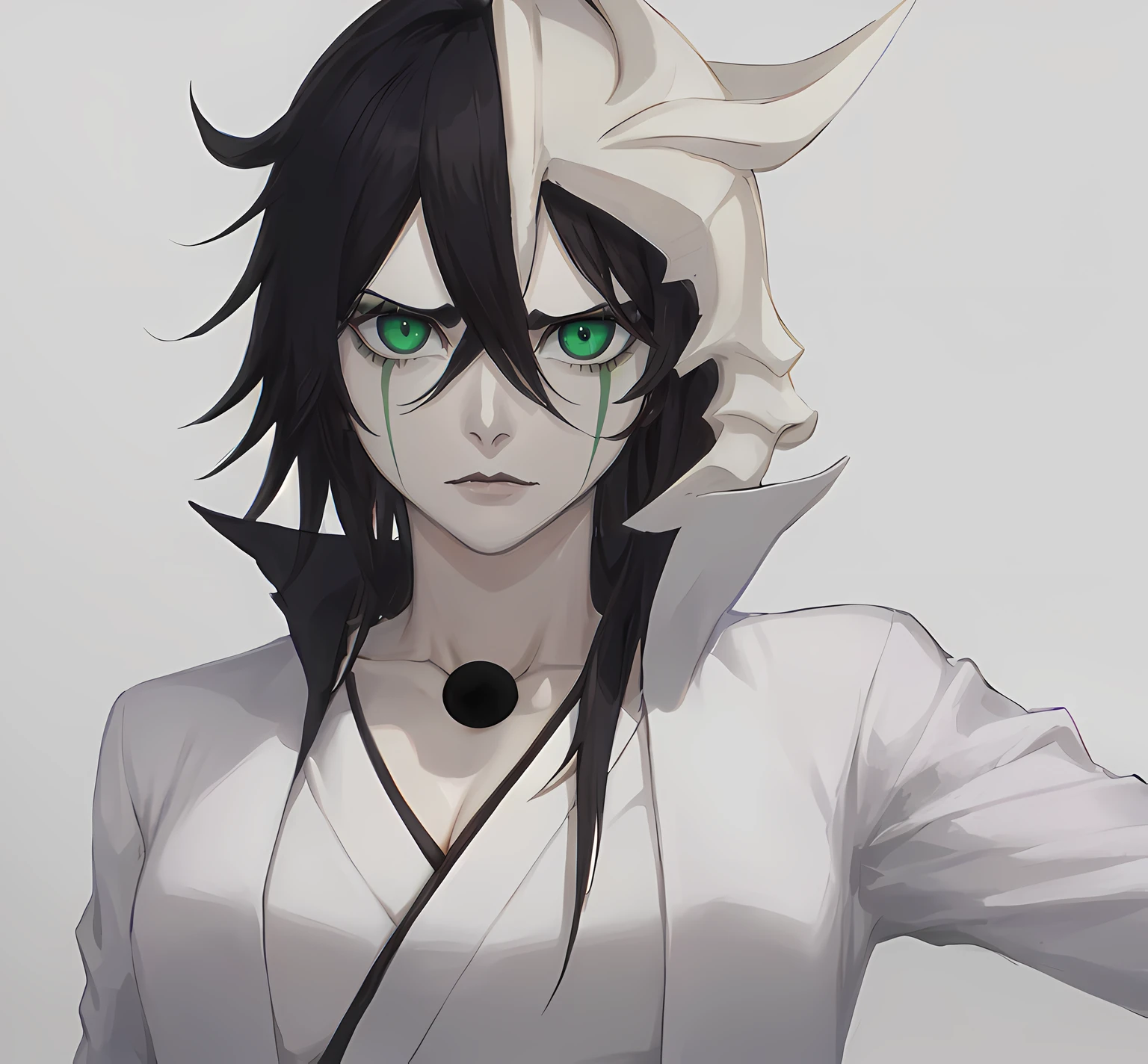 masterpiece, best quality, ulquiorra cifer, genderswap, female ulquiorra cifer, deadpan expression, female focus, black coloured upper lip, no eyebrows, eyelashes, pale grey skin, skin coloured lower lip, green lines which descend from the lower part of eyes, feminine lips, slit-shaped pupils