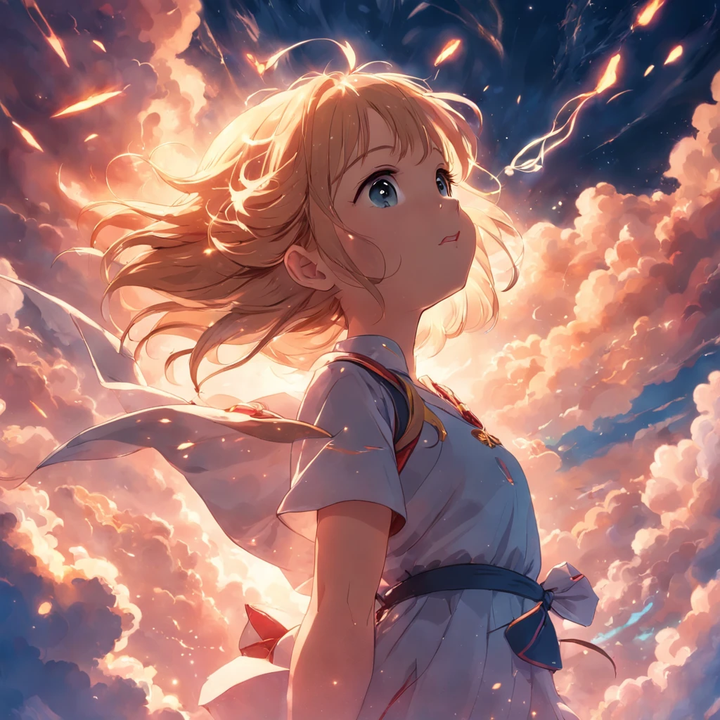 masterpiece, best quality, movie still, 1girl, cloud girl, floating in the sky, close-up, bright, happy, warm soft lighting, sunset, (sparks:0.7)