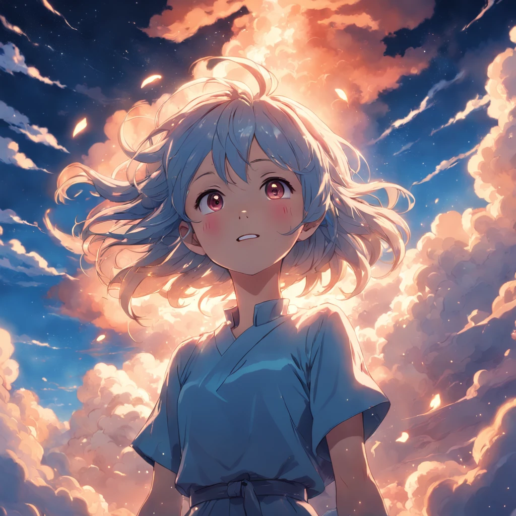 masterpiece, best quality, movie still, 1girl, cloud girl, floating in the sky, close-up, bright, happy, warm soft lighting, sunset, (sparks:0.7)