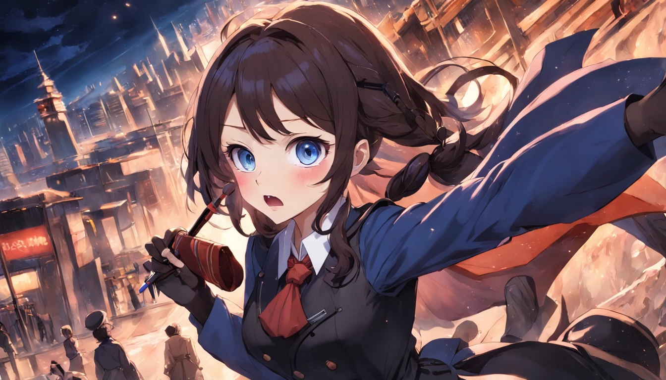 Imperial sister in professional clothes,Brown narrow-rimmed glasses,Biting the pen in his mouth,Blue folder in hand,Black stockings on legs,Large chest