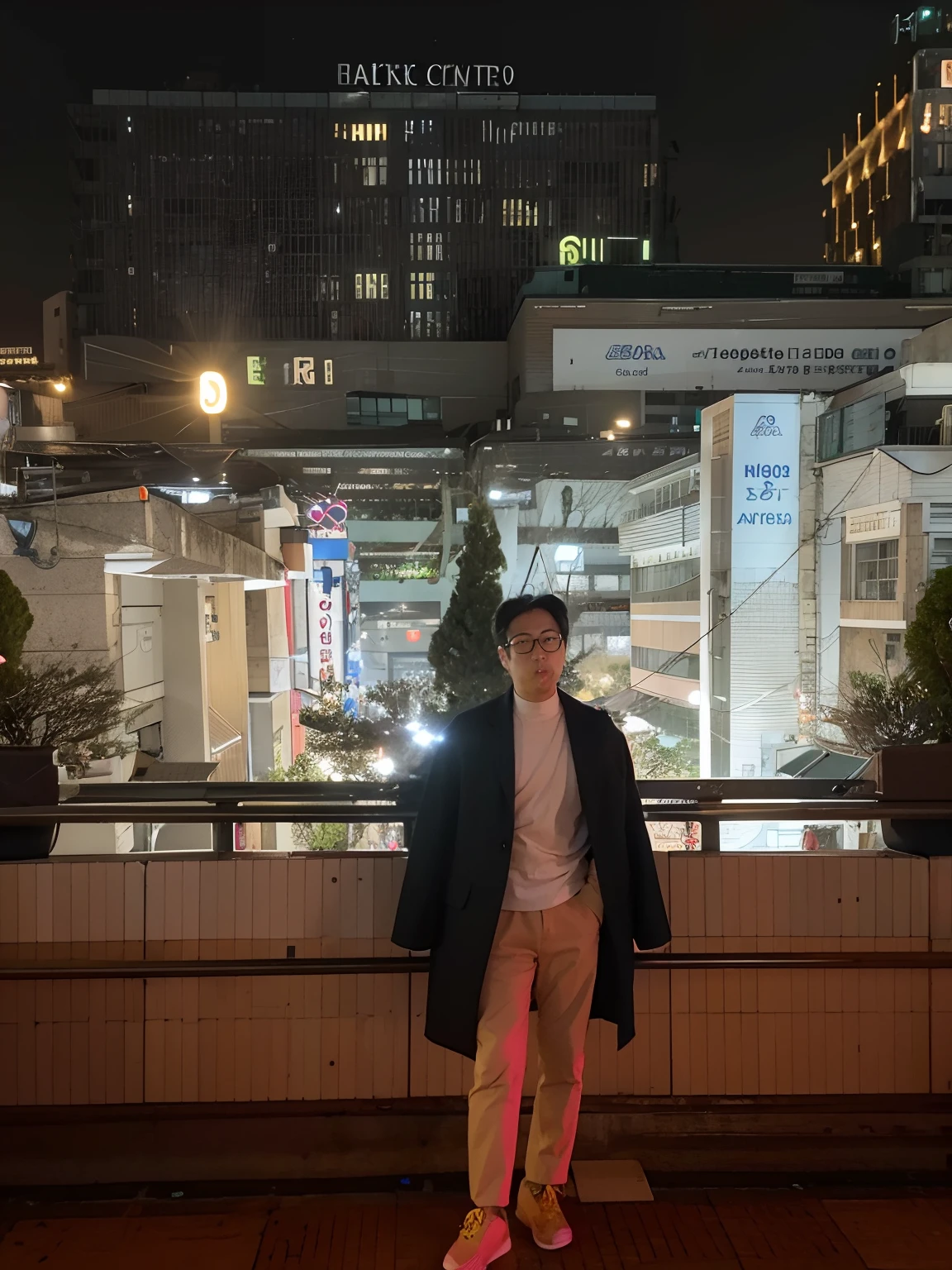 there is a man standing on a sidewalk in front of a building, on rooftop tokyo night, standing in a city center, on future tokyo night rooftop, on tokyo cyberpunk night rooftop, in the middle of the city, in a japanese town at night, in tokyo at night, set in tokyo rooftop, in the city, in neo tokyo