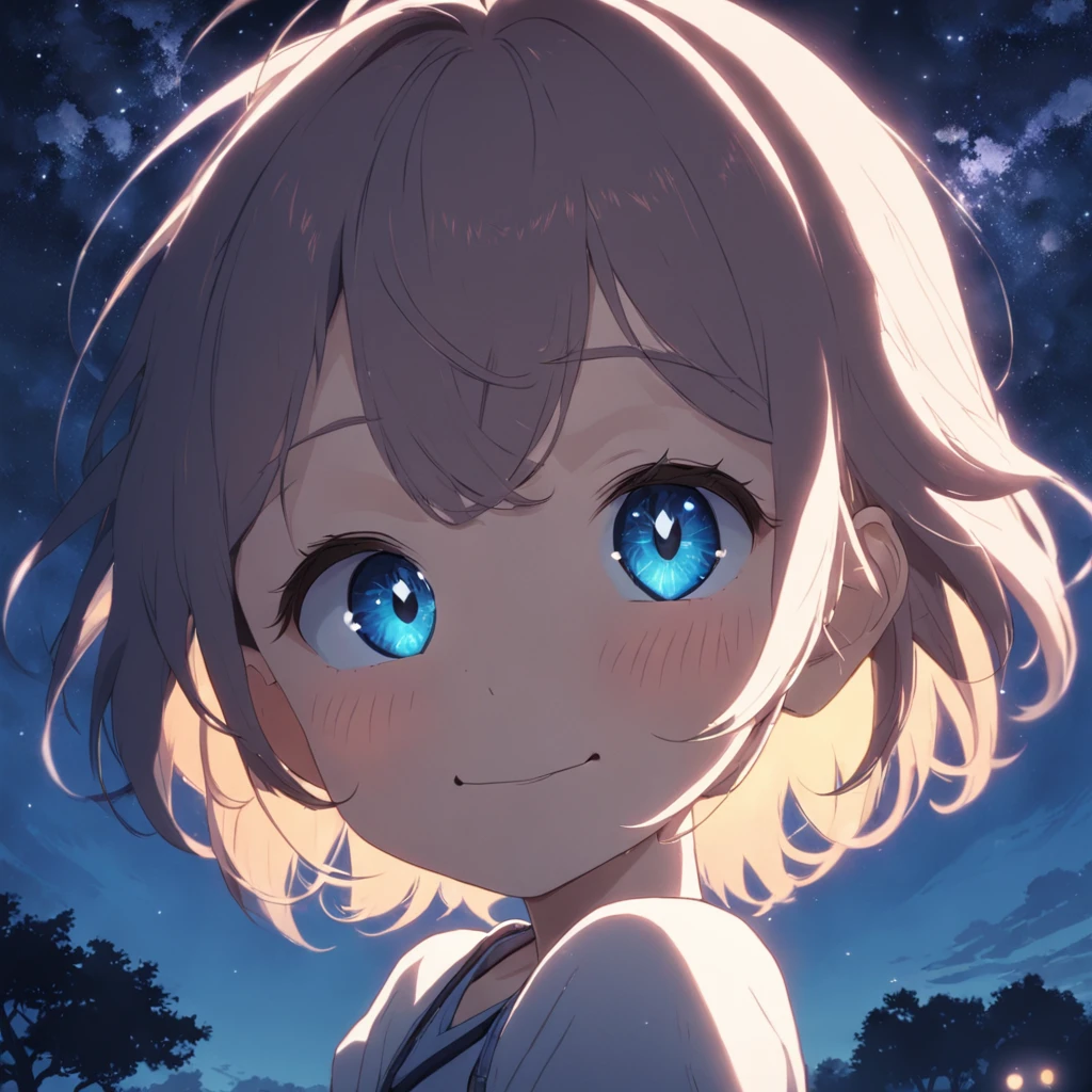 ((Heart-shaped pupil)), smiling, park background, night sky, medium closeup