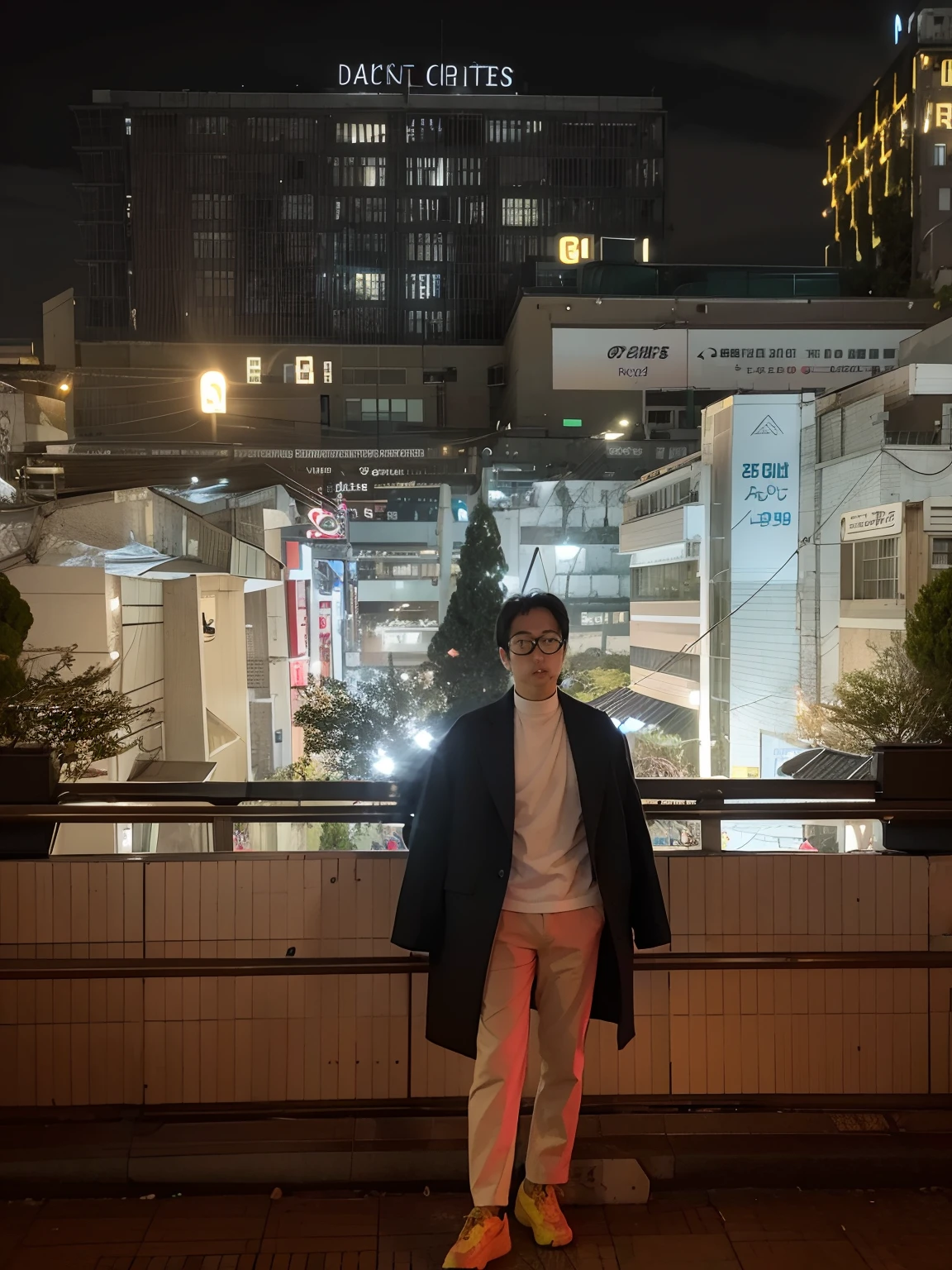 there is a man standing on a sidewalk in front of a building, on rooftop tokyo night, standing in a city center, on future tokyo night rooftop, on tokyo cyberpunk night rooftop, in the middle of the city, in a japanese town at night, in tokyo at night, set in tokyo rooftop, in the city, in neo tokyo