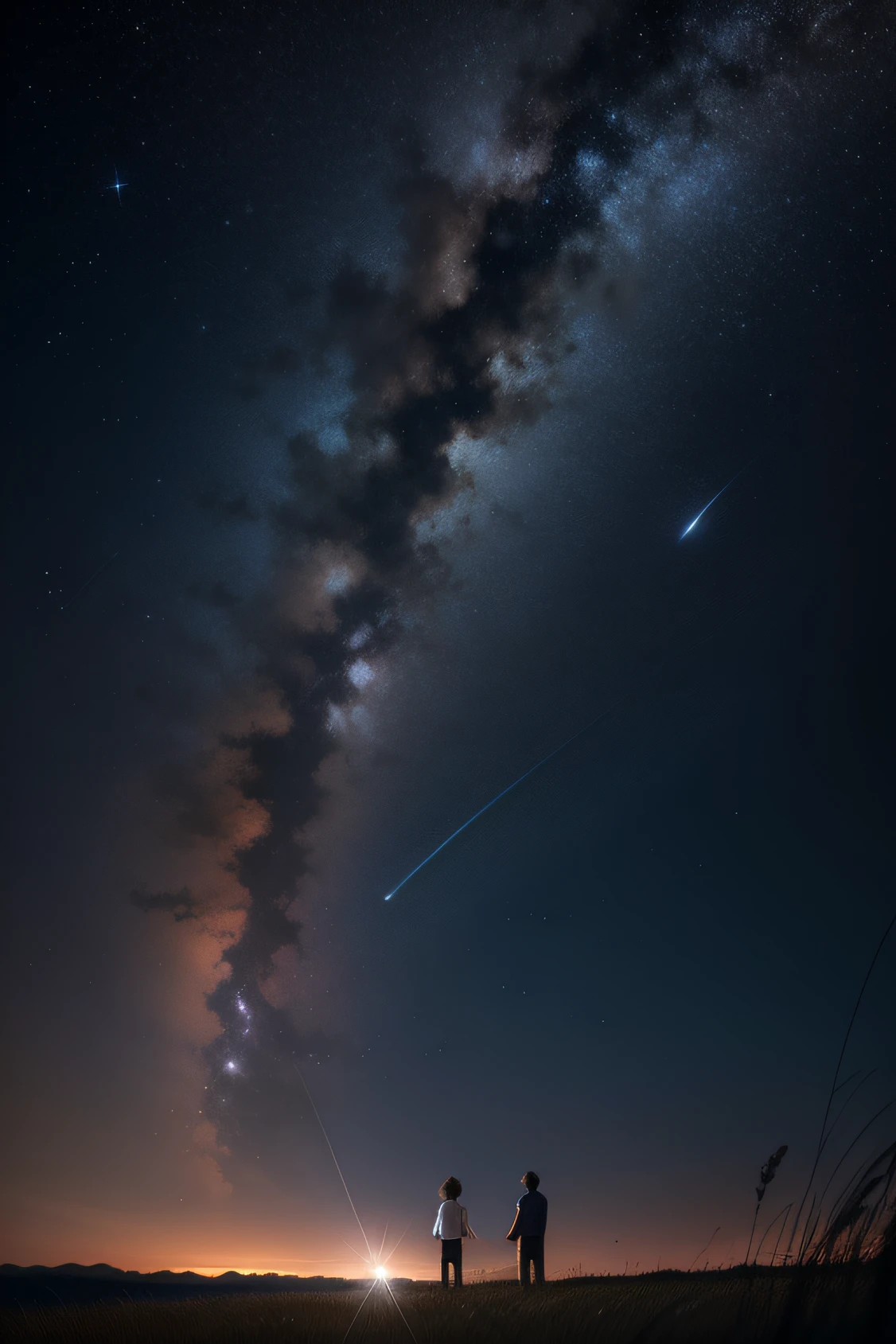 A little starlight，Shooting stars streaked across the sky，Cloudless，grass field，Small tree，two guys