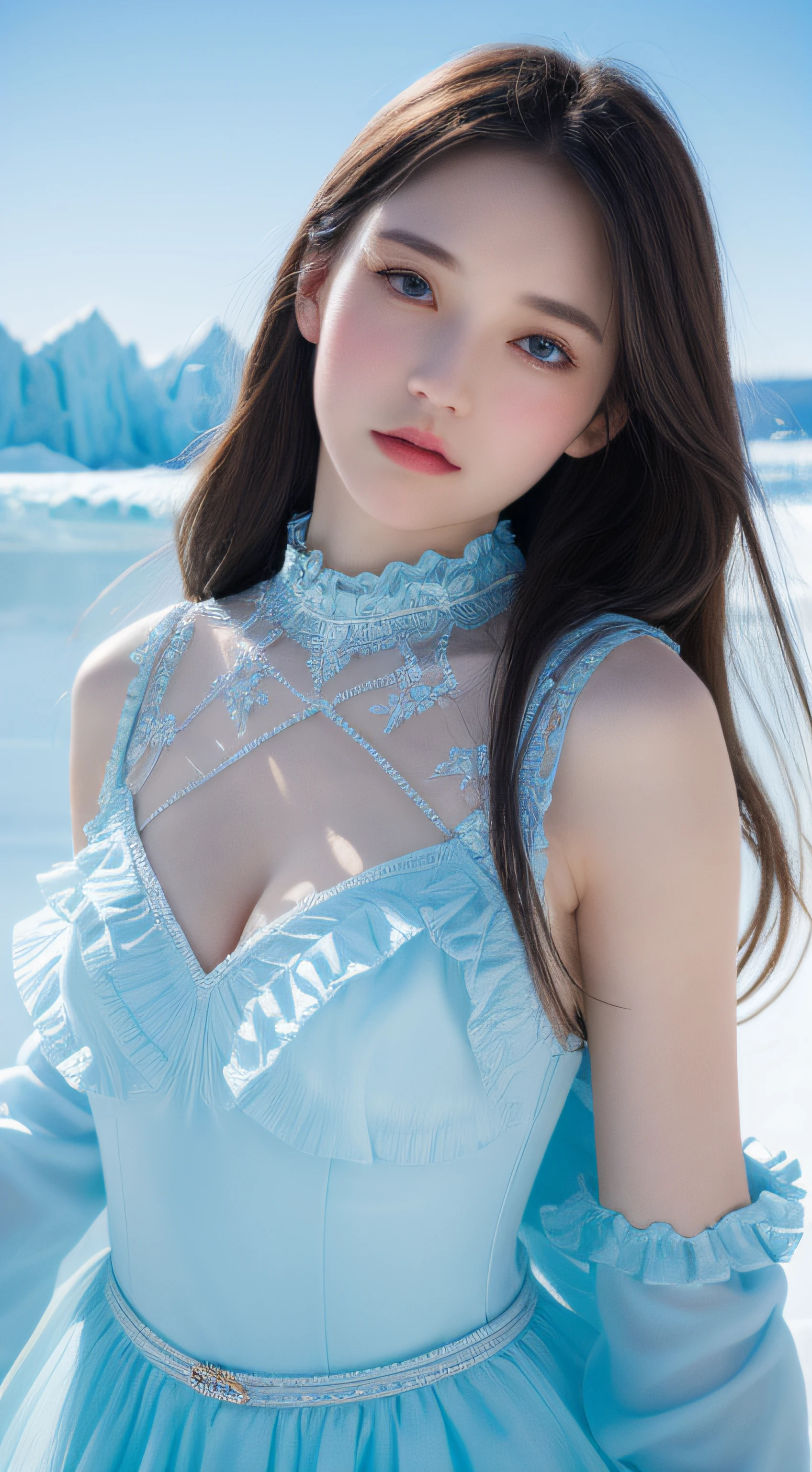 super fine illustration, an extremely cute and beautiful girl with perfect figure, underwear,highly detailed beautiful face and eyes, look at viewer, cowboy shot, beautiful long hair, solo, dynamic angle, beautiful detailed ice dress with frill, ice castle in background, blue tone