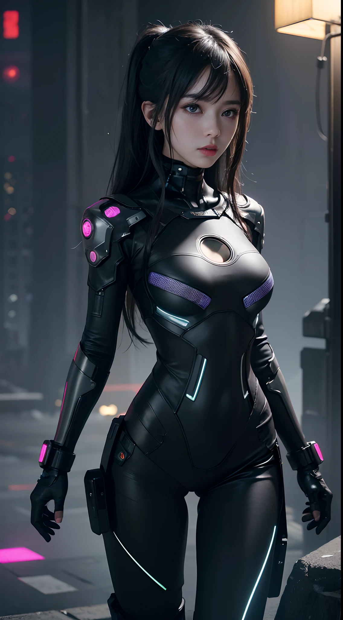 Best image quality, Masterpiece, Ultra-high resolution, (Fidelity:1.4), Photo, Movie, ((cyber punk perssonage)), cyber outfit, Futuristic, ((Award-winning ultra-realistic photos)),(Hyper-detailing),(Complicated details),(High resolution CGI artwork 8k),a girl in,Cyberpunk-city。Futuristic style,There are many colors and LED lights。The cityscape should be very detailed,depth of fields。Create depth with atmospheric lighting,wide wide shot。Use atmospheric and volumetric lighting to enhance cityscape detail。illuminated by neon lights, Pastel textured colored background, Colourful, vibrant