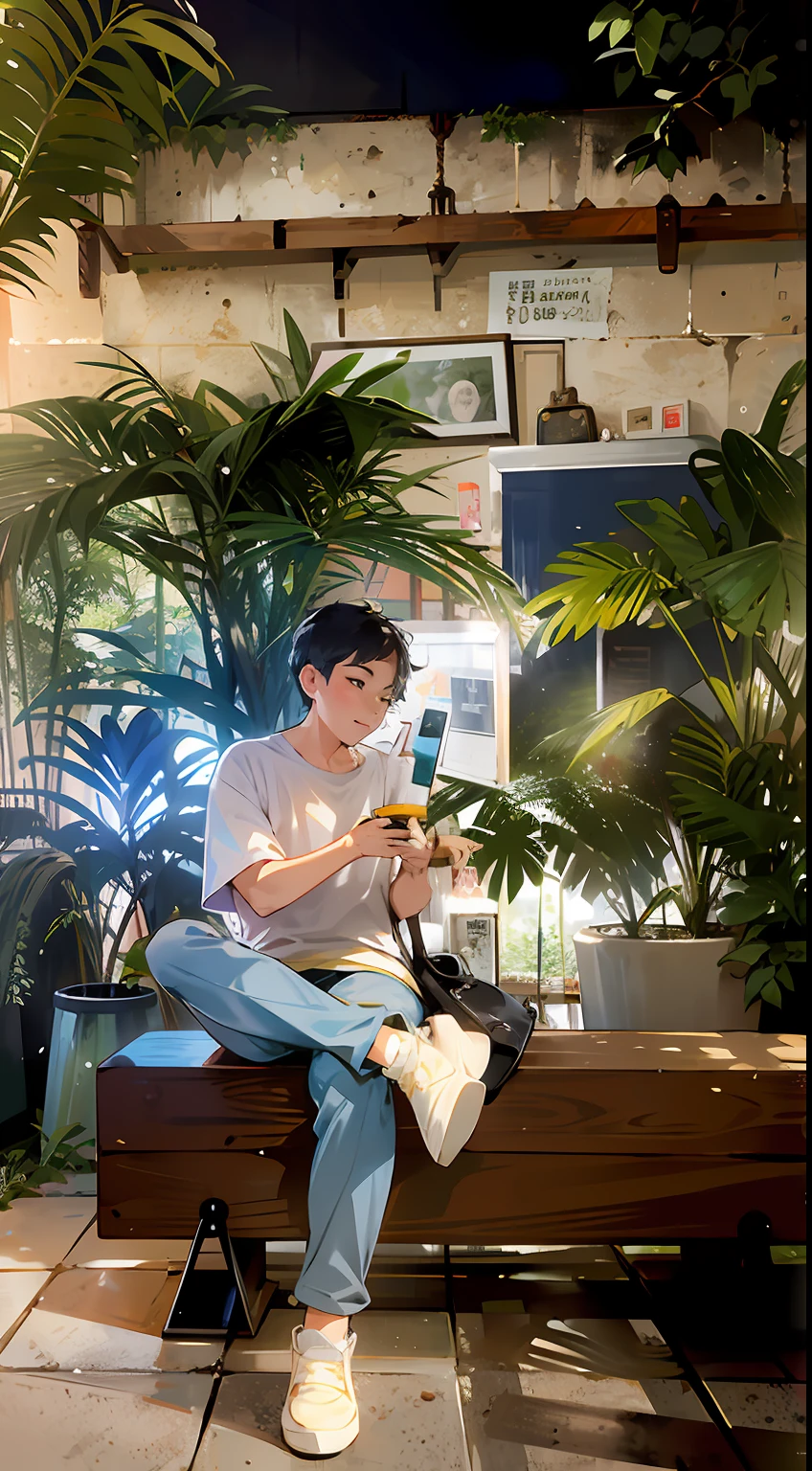 there is a man sitting on a bench using a cell phone, sitting in a cafe alone, sitting in a cafe, checking her phone, goddess checking her phone, shot on canon eos r5, shot on canon eos r 5, sitting alone in a cafe, next to a plant, shot with sony alpha 1 camera, captured on canon eos r 6
