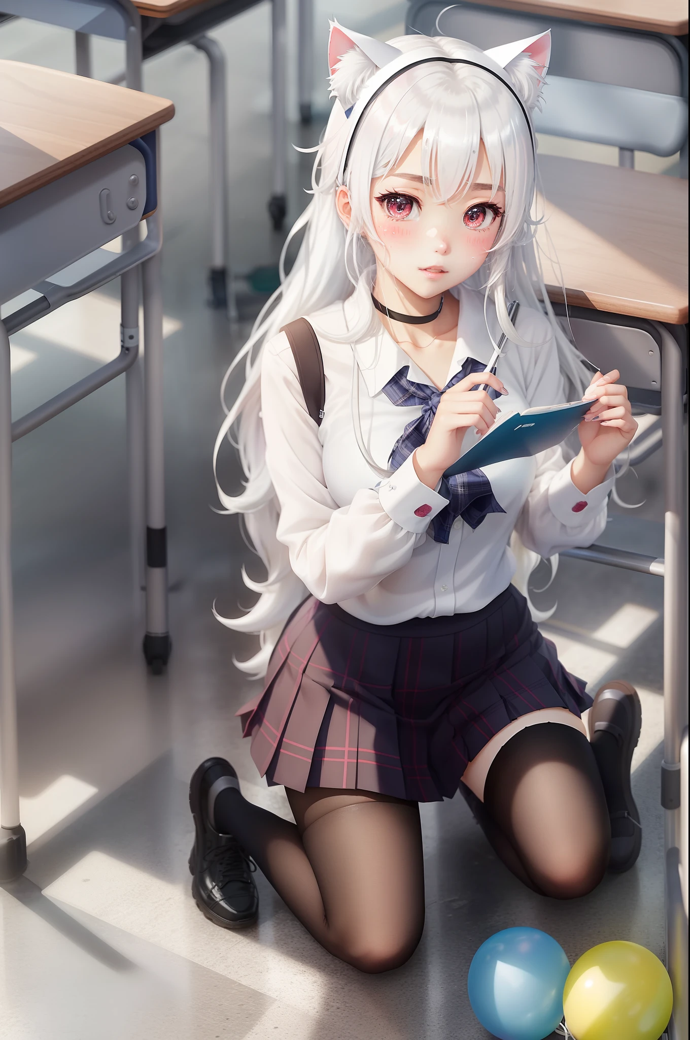 Wearing cat ears on his head,seductive anime girls,White-haired god,Anime goddess,Girl with white hair,perfect white hair girl,Detailed long white hair,long hair anime girl,Beautiful anime girls,Blonde anime girl with long hair,Anime Barbie with white stockings,Clothes are shabby,There are a lot of breakages on the skin,Sweat all over the body,perspire,Incontinence,tmasterpiece,best qualtiy:1.2),Female Student,独奏,1girll,Koshita Kono,(shiny skins,wetted skin:1.2),perspired,is shy,looking at viewert,on the floor on all fours,校服,white shirt,Plaid skirts,upper legs,in the afternoon,Female students in the classroom